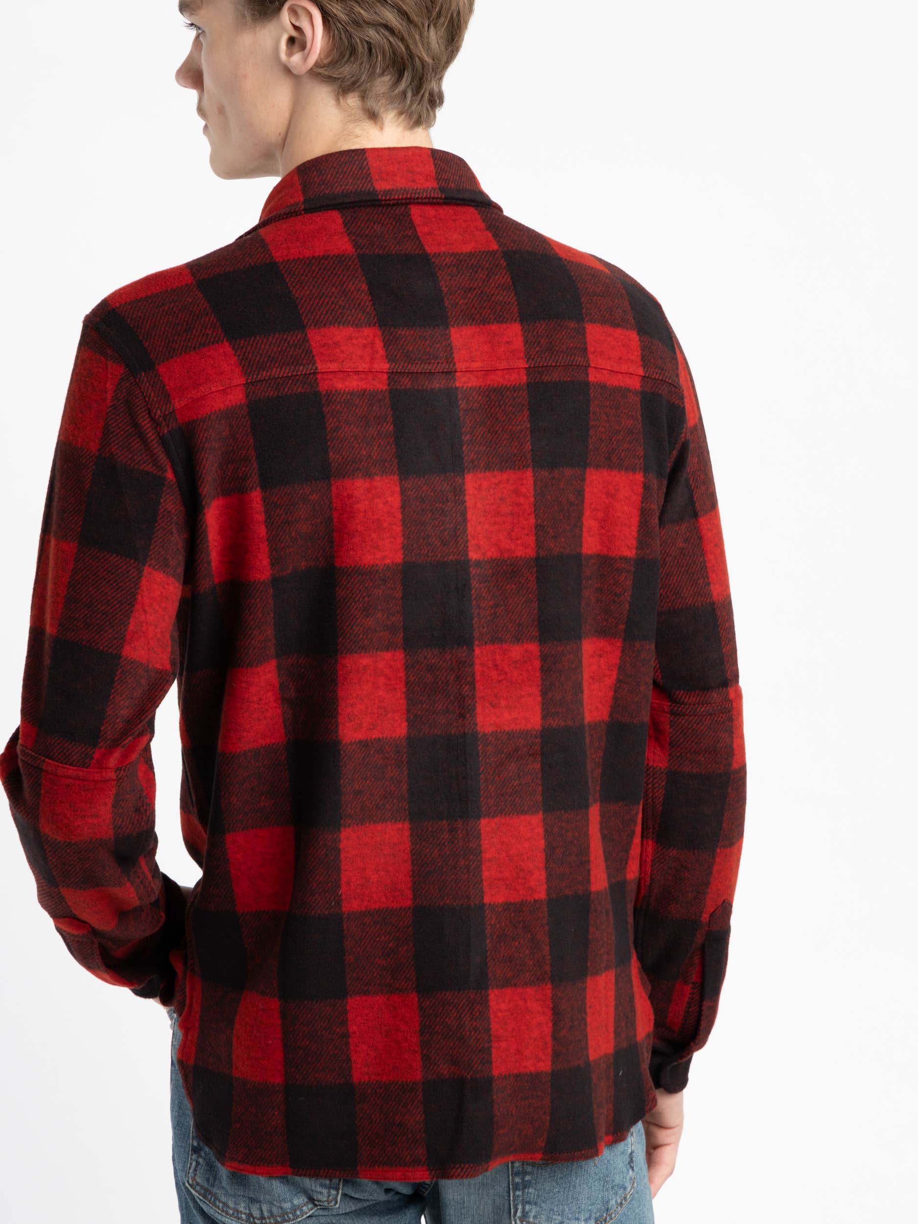 Red Classic Fit Plaid Knit Flannel Workshirt