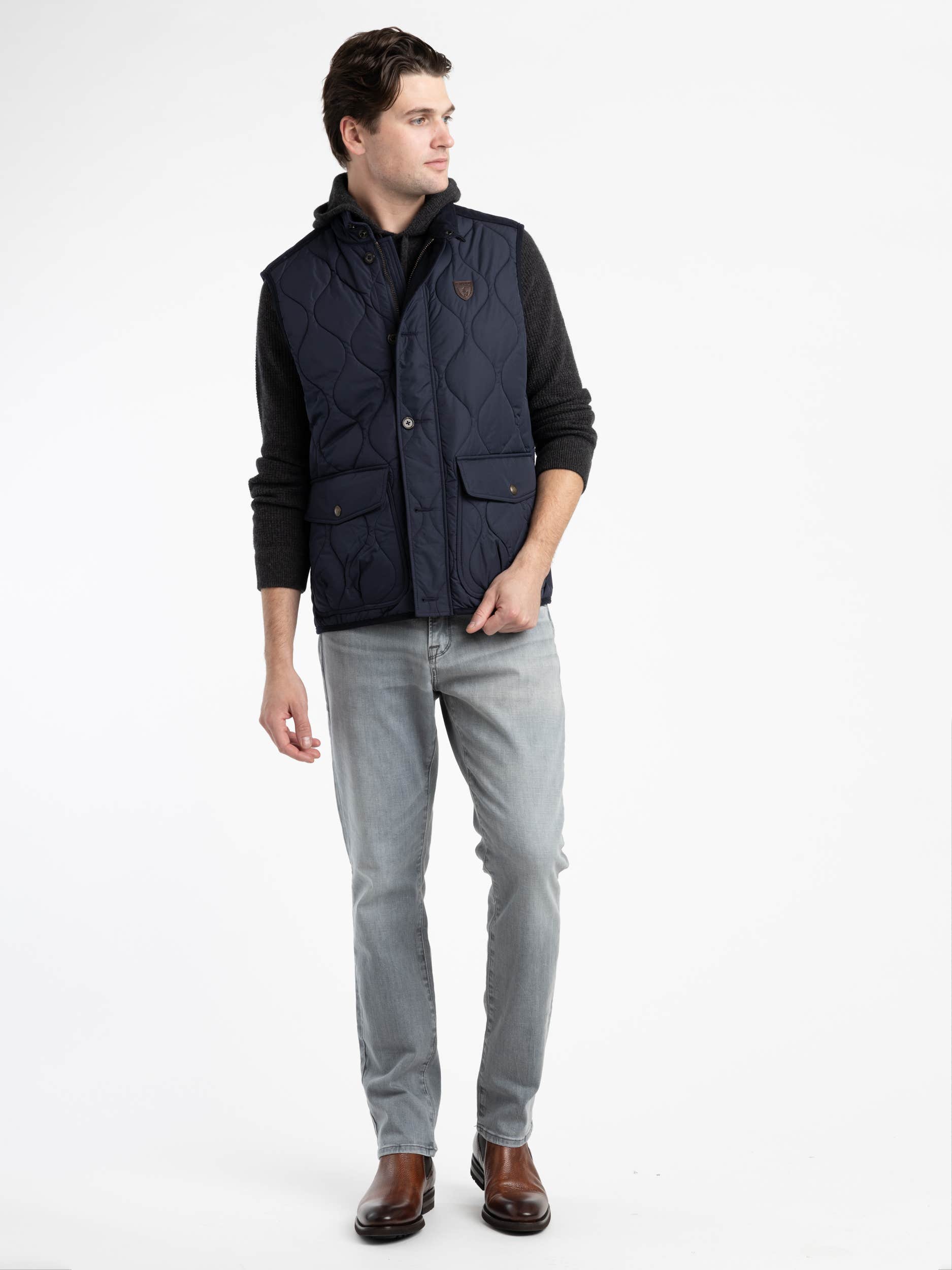 Navy Suede-Trim Quilted Vest