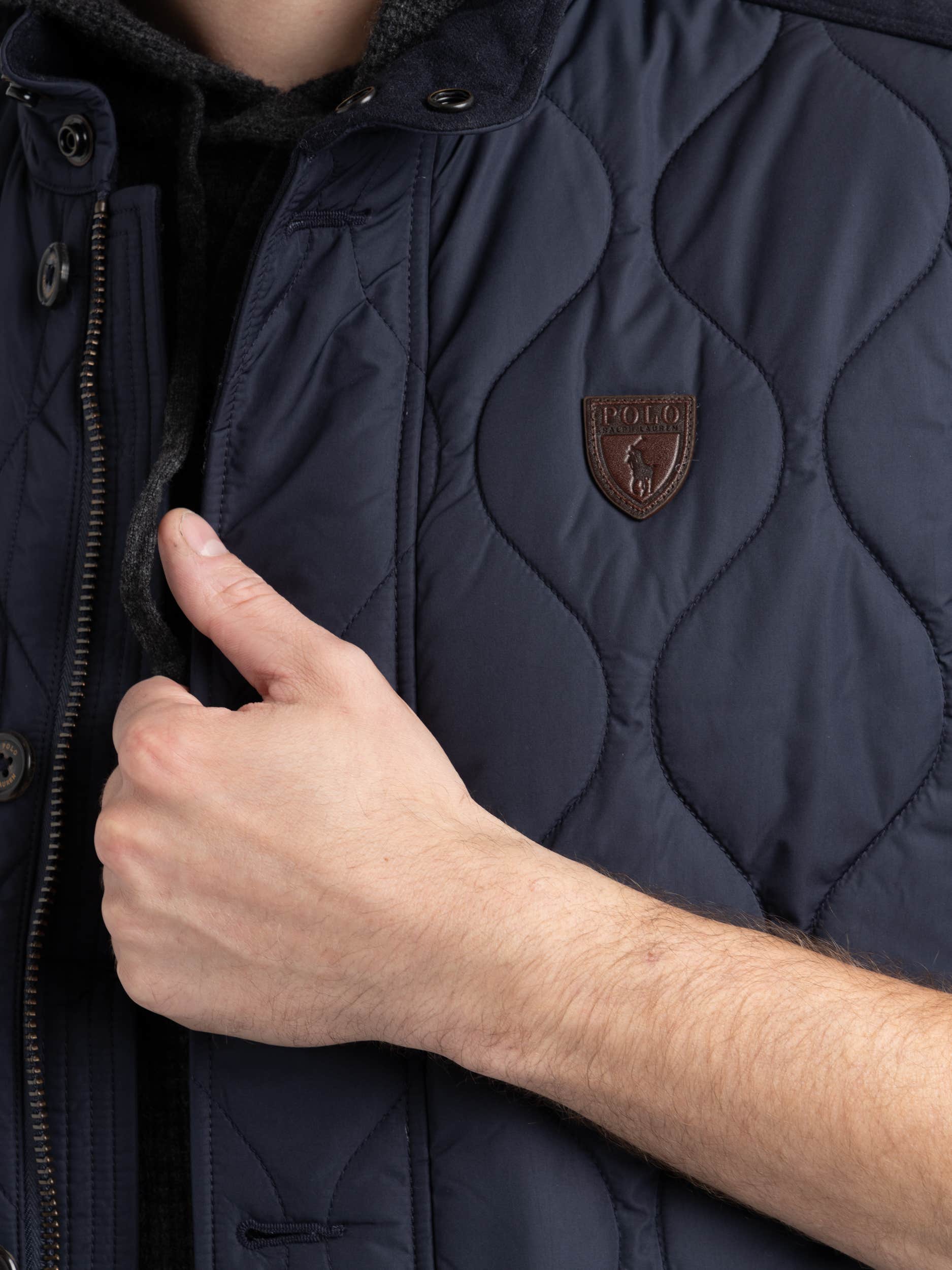 Navy Suede-Trim Quilted Vest