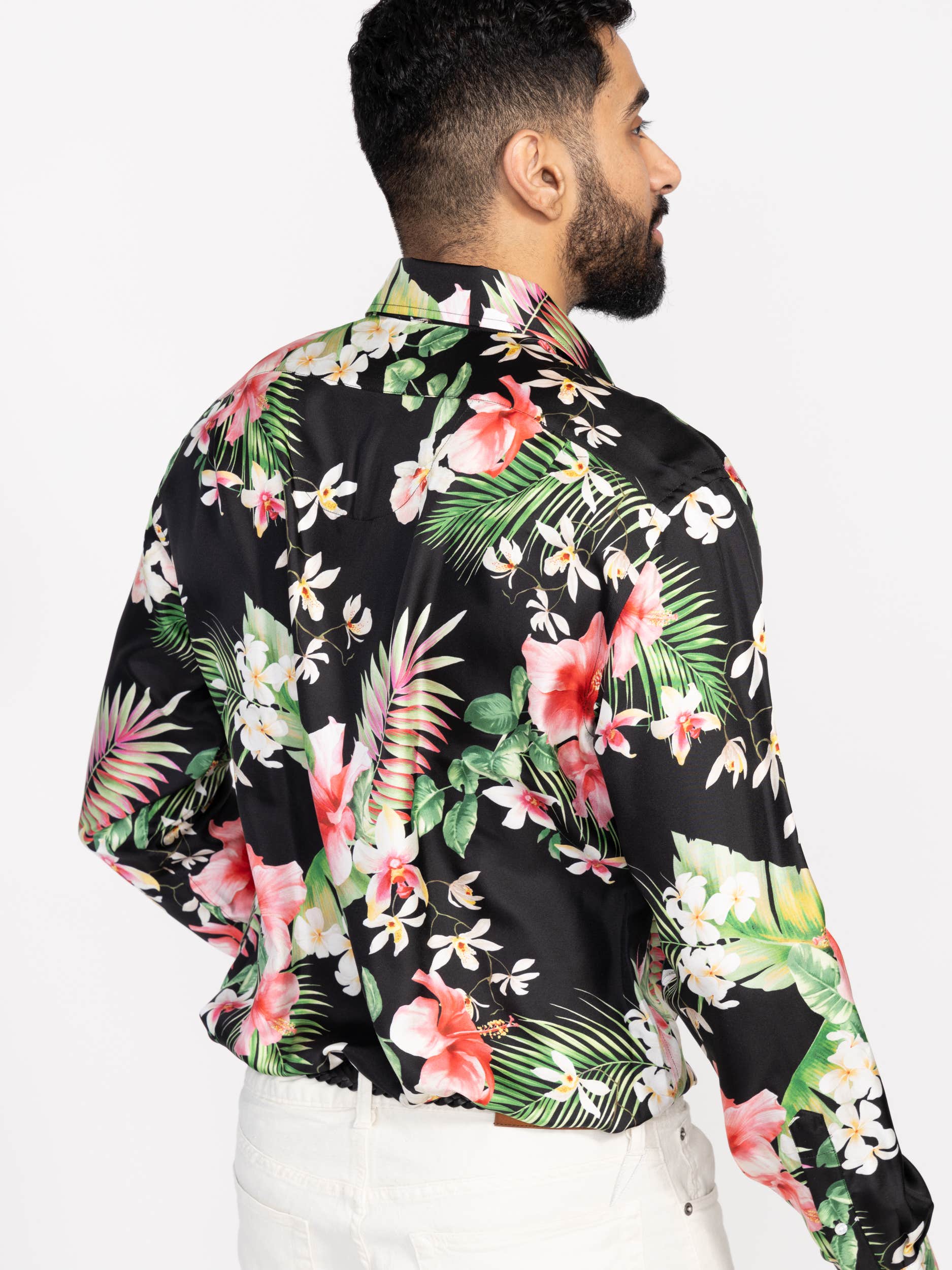 Black Botanical Print Silk Twill Shirt