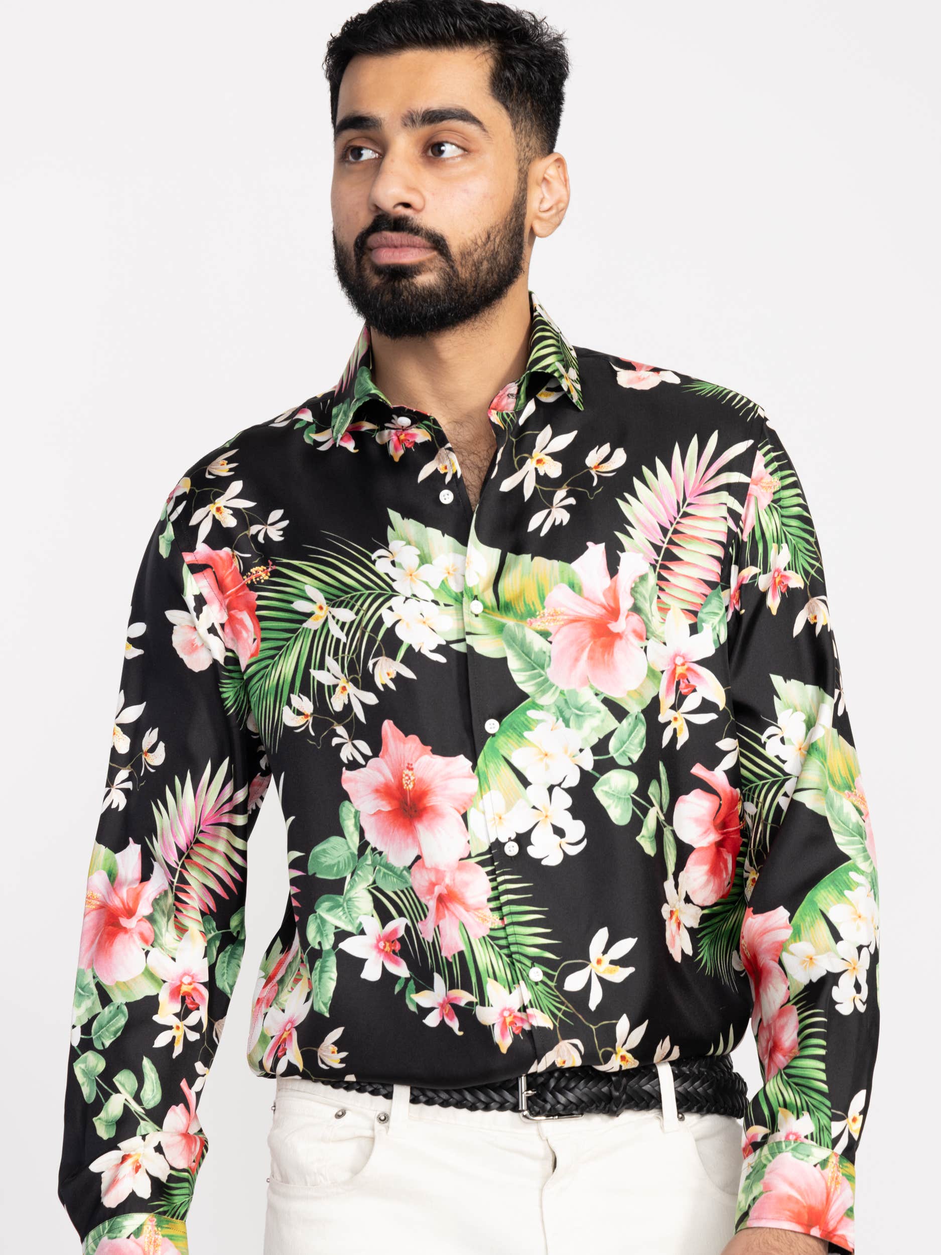 Black Botanical Print Silk Twill Shirt