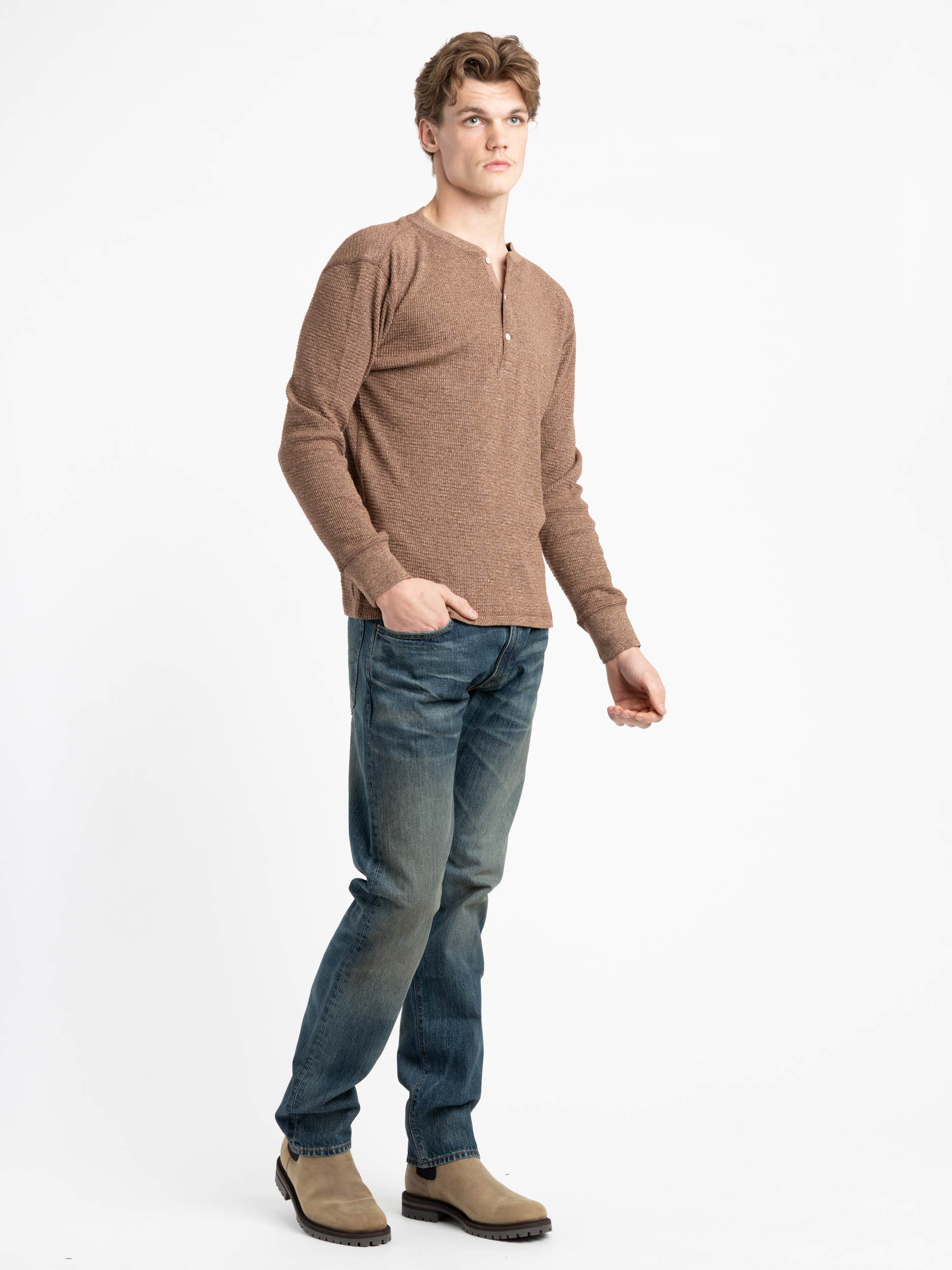 Brown Waffle-knit Henley Shirt