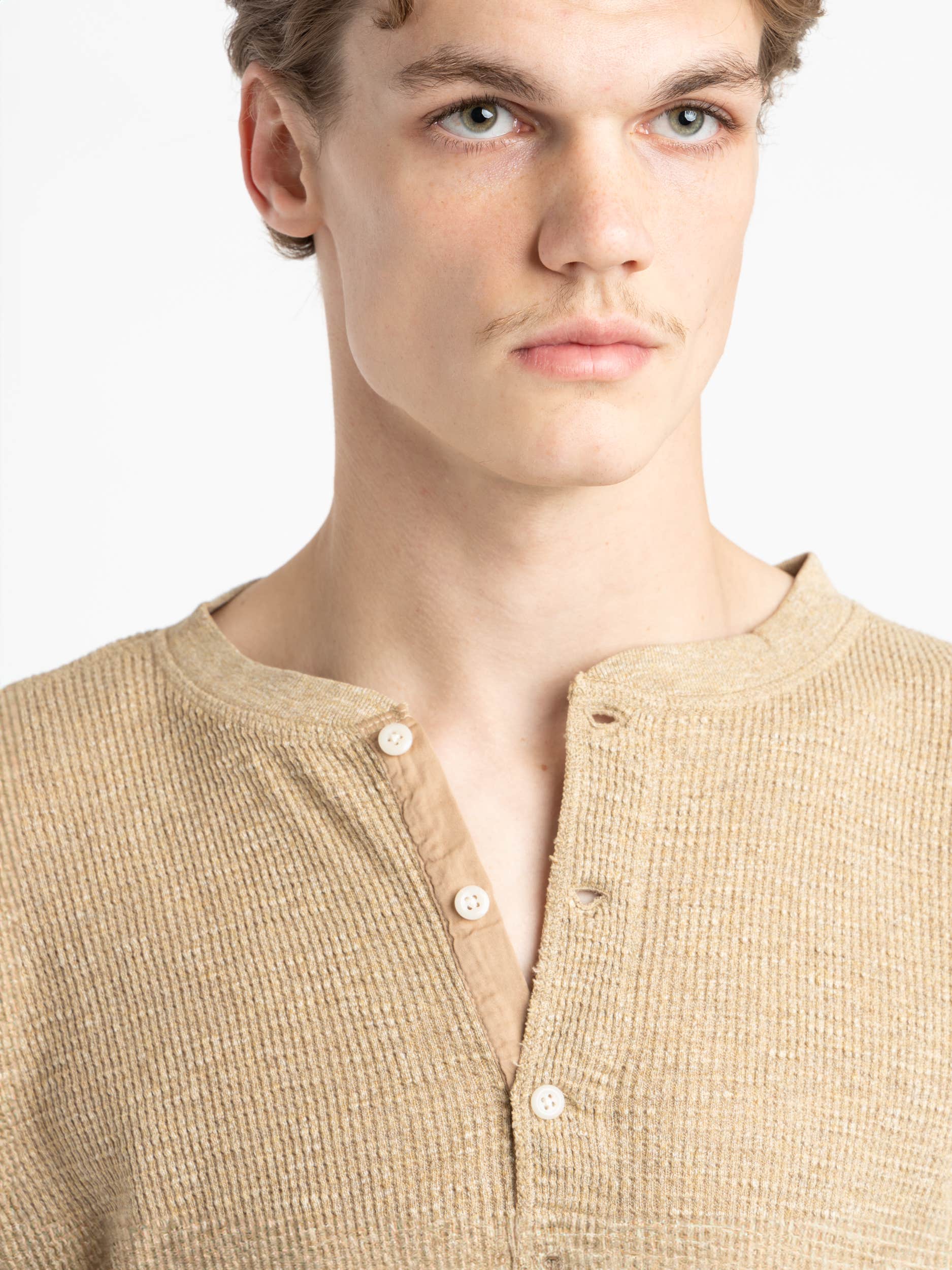 Light Brown Waffle-Knit Henley Shirt