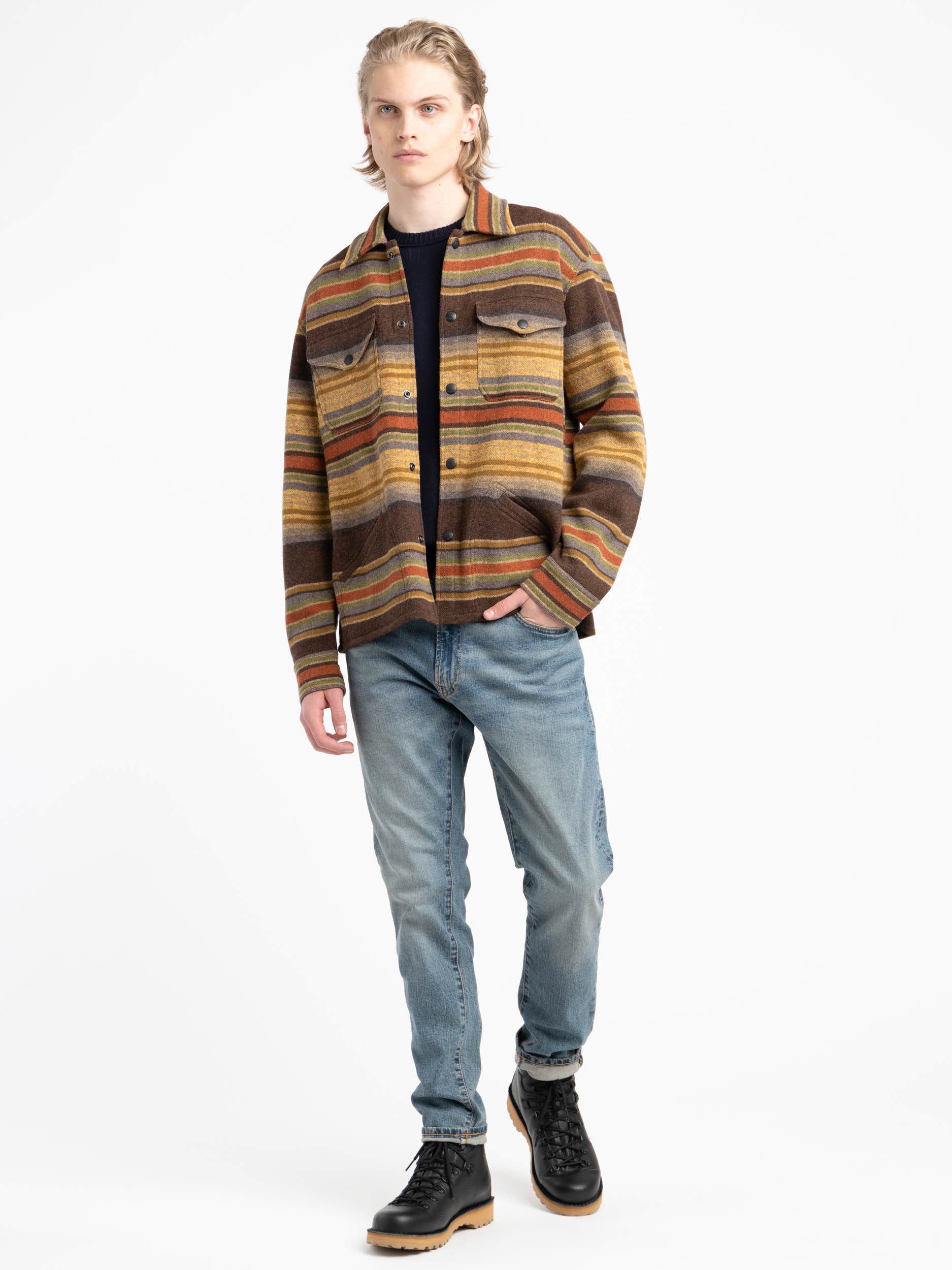 Brown Striped Wool Workwear Overshirt