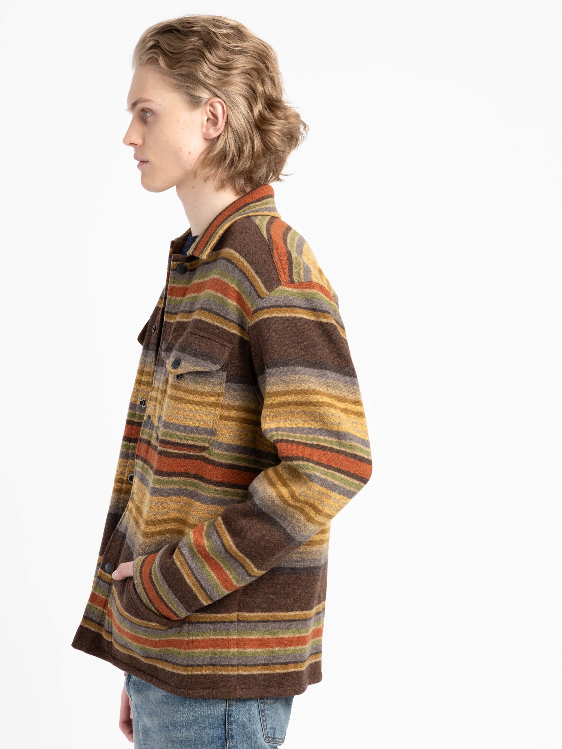Brown Striped Wool Workwear Overshirt