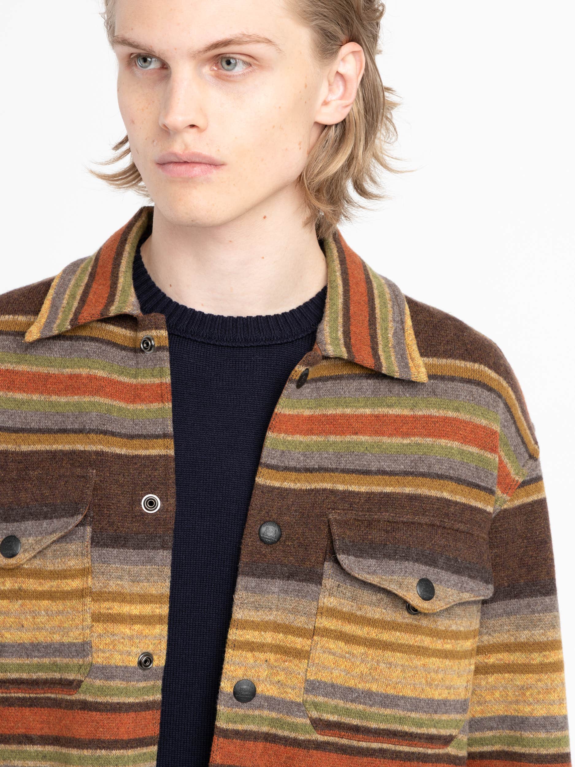 Brown Striped Wool Workwear Overshirt