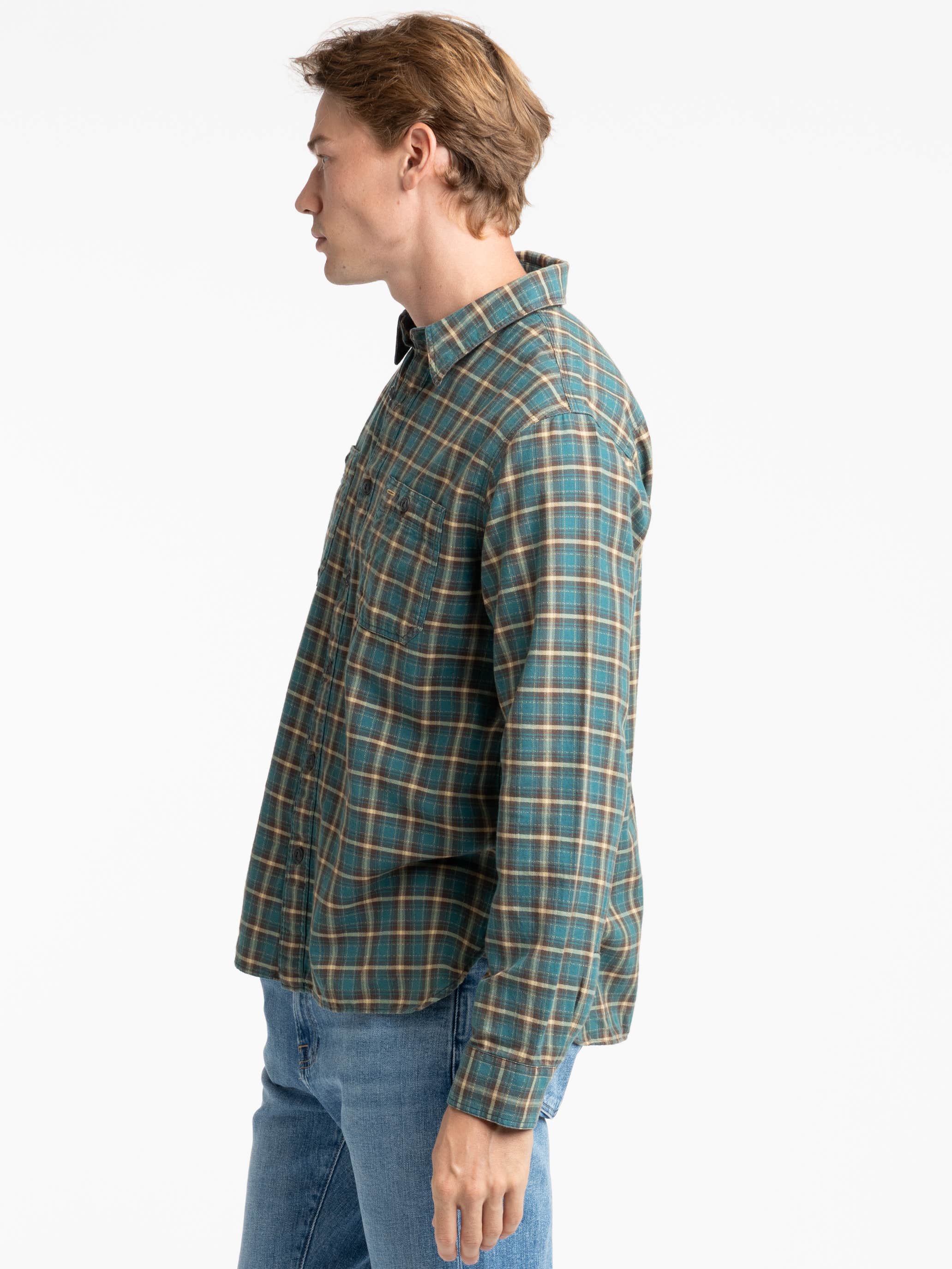 Teal/Multi Color Plaid Twill Sport Shirt