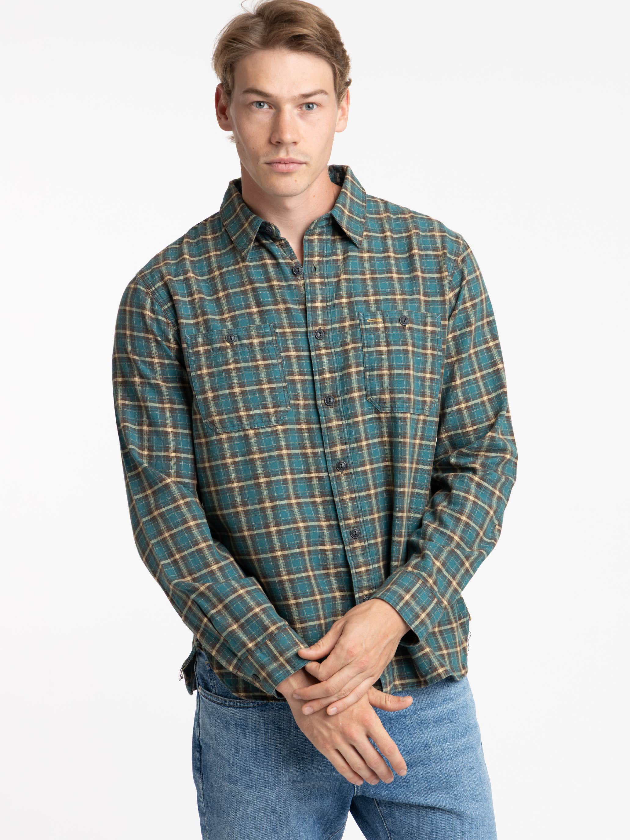 Teal/Multi Color Plaid Twill Sport Shirt