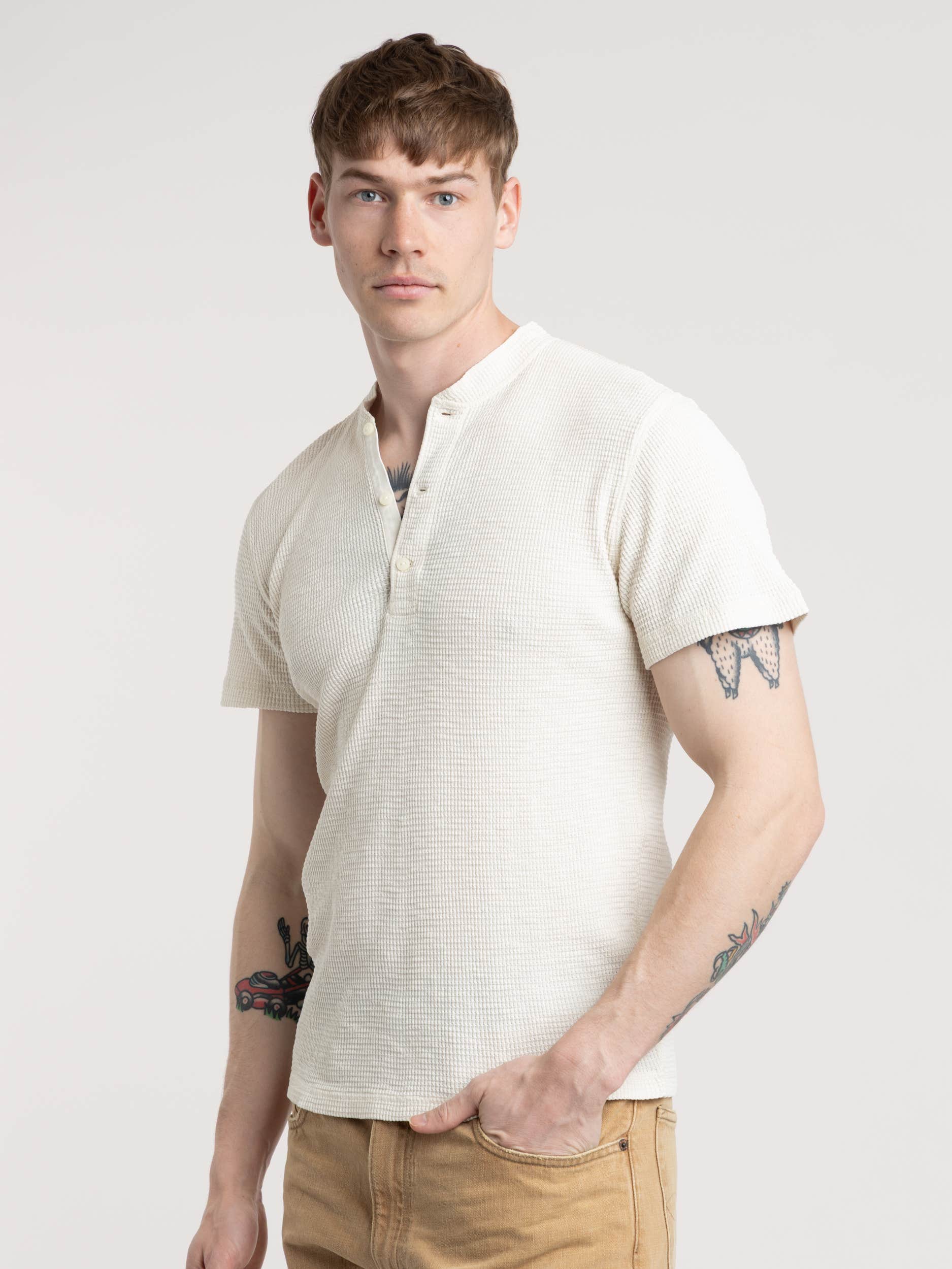 White Short Sleeve Waffle Shirt