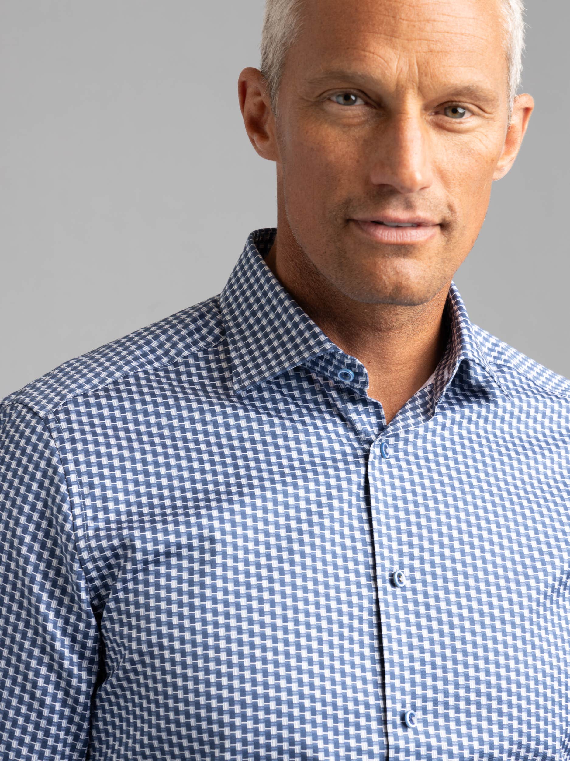 Blue/White Geometric Print Twill Dress Shirt