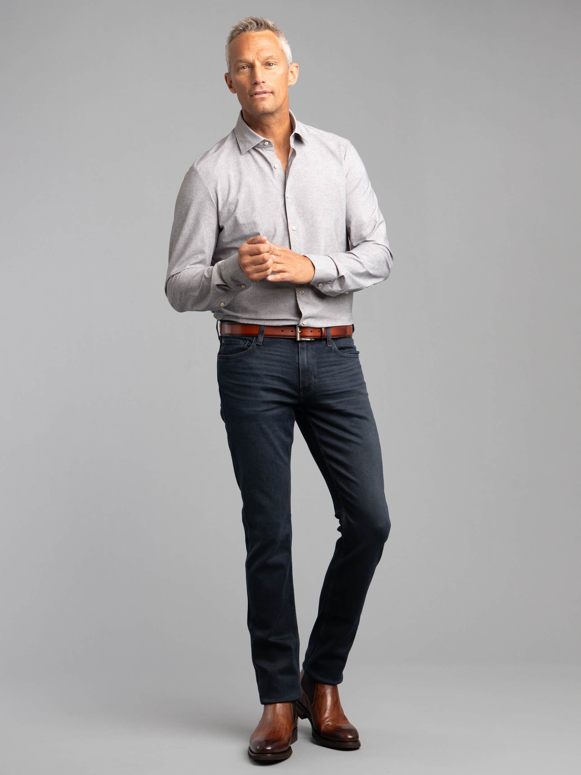 Grey Herringbone Pattern Button-Down Shirt