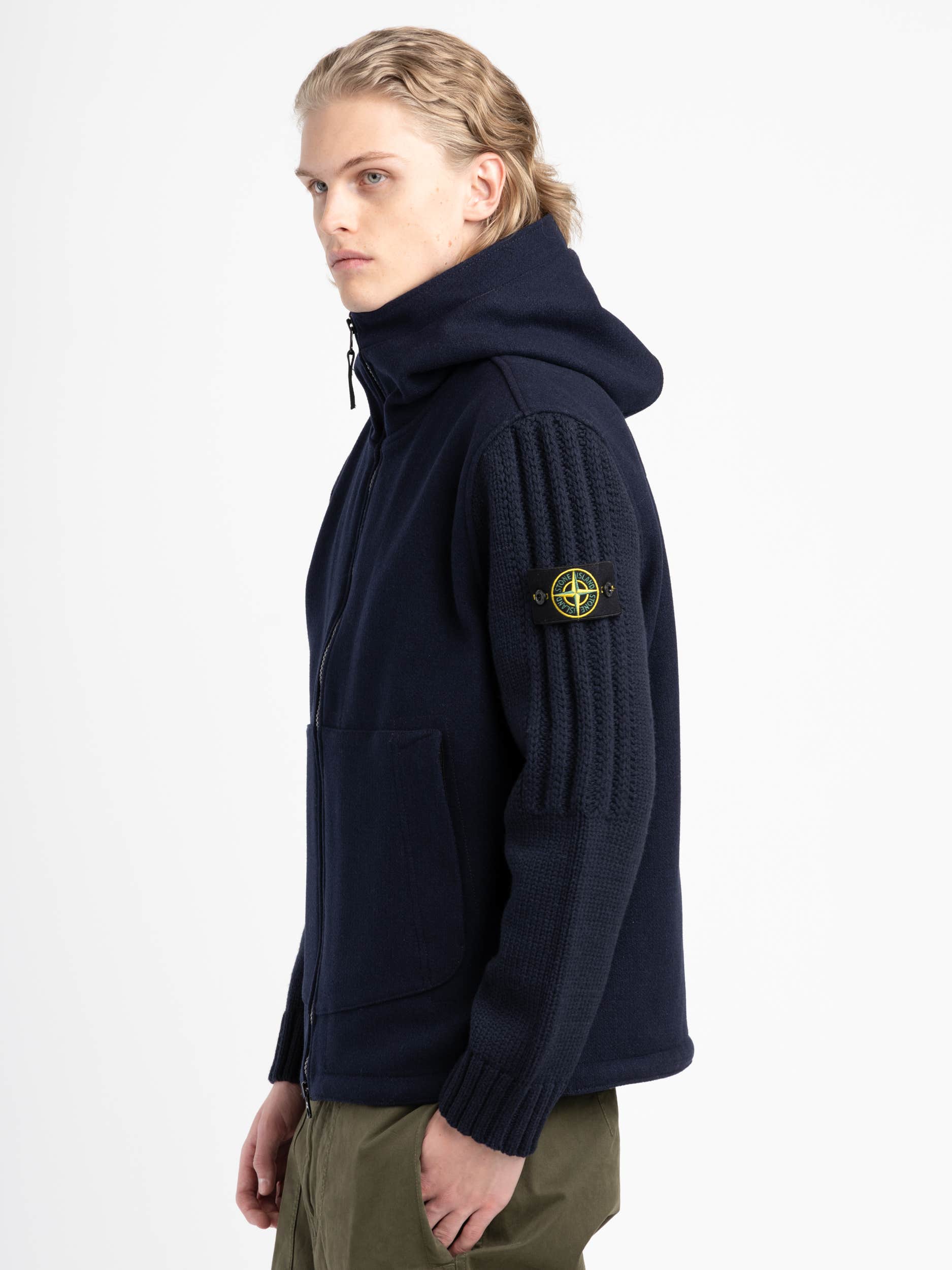 Navy Wool-Blend Hooded Jacket