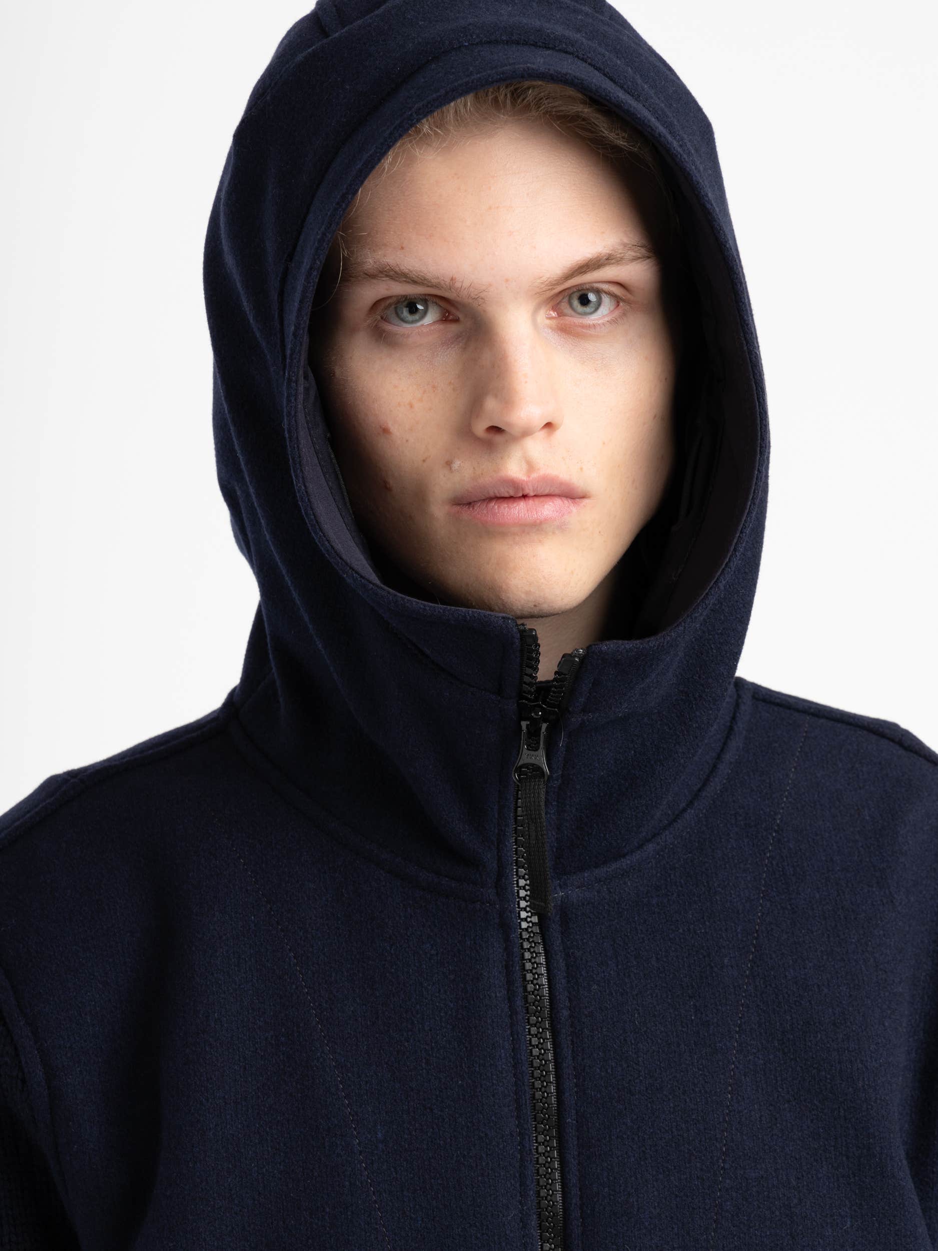 Navy Wool-Blend Hooded Jacket