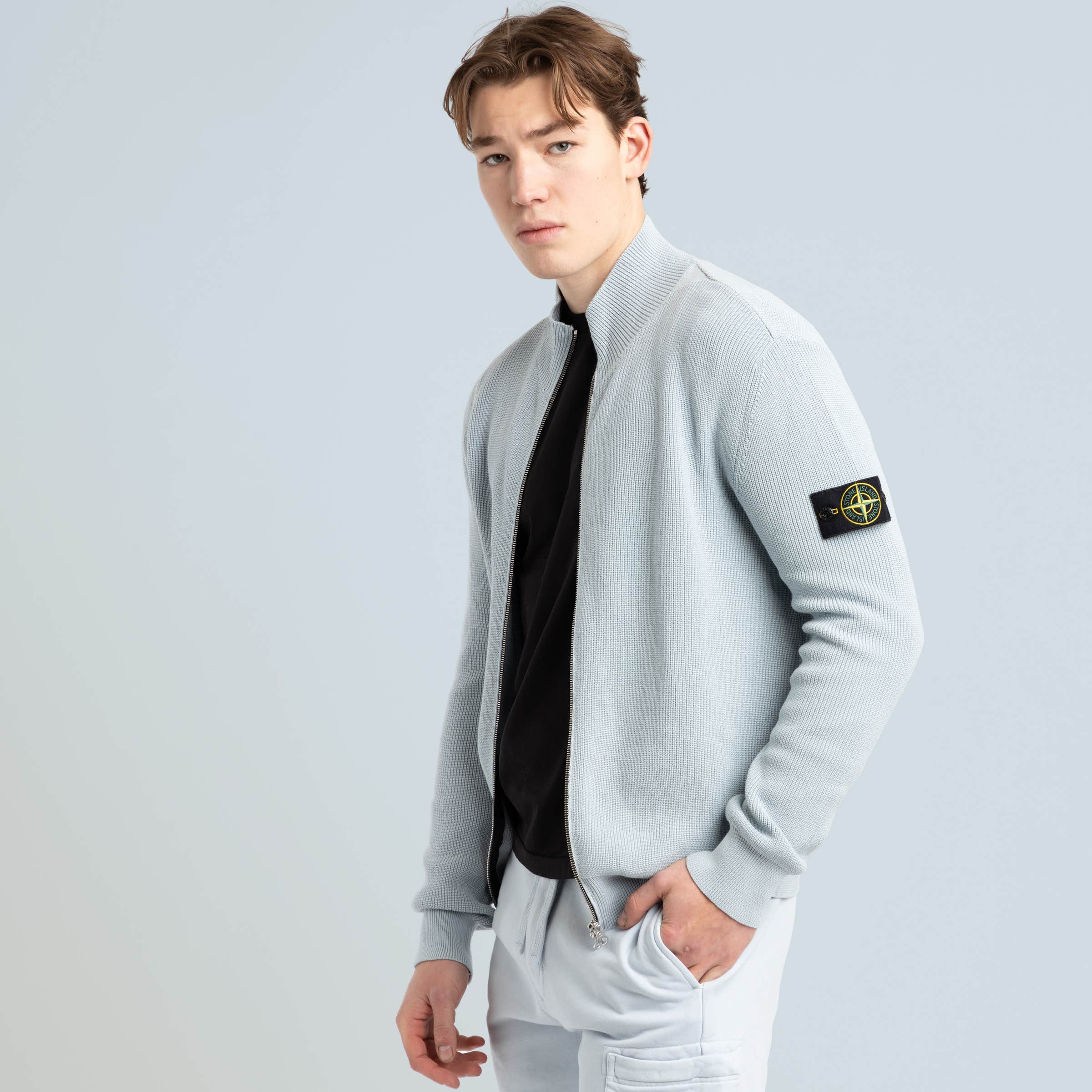 Stone Island Sky Blue Cotton Full Zip Track Sweater