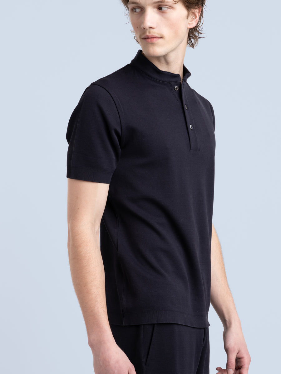 Navy Band Collar Polo Shirt The Helm Clothing