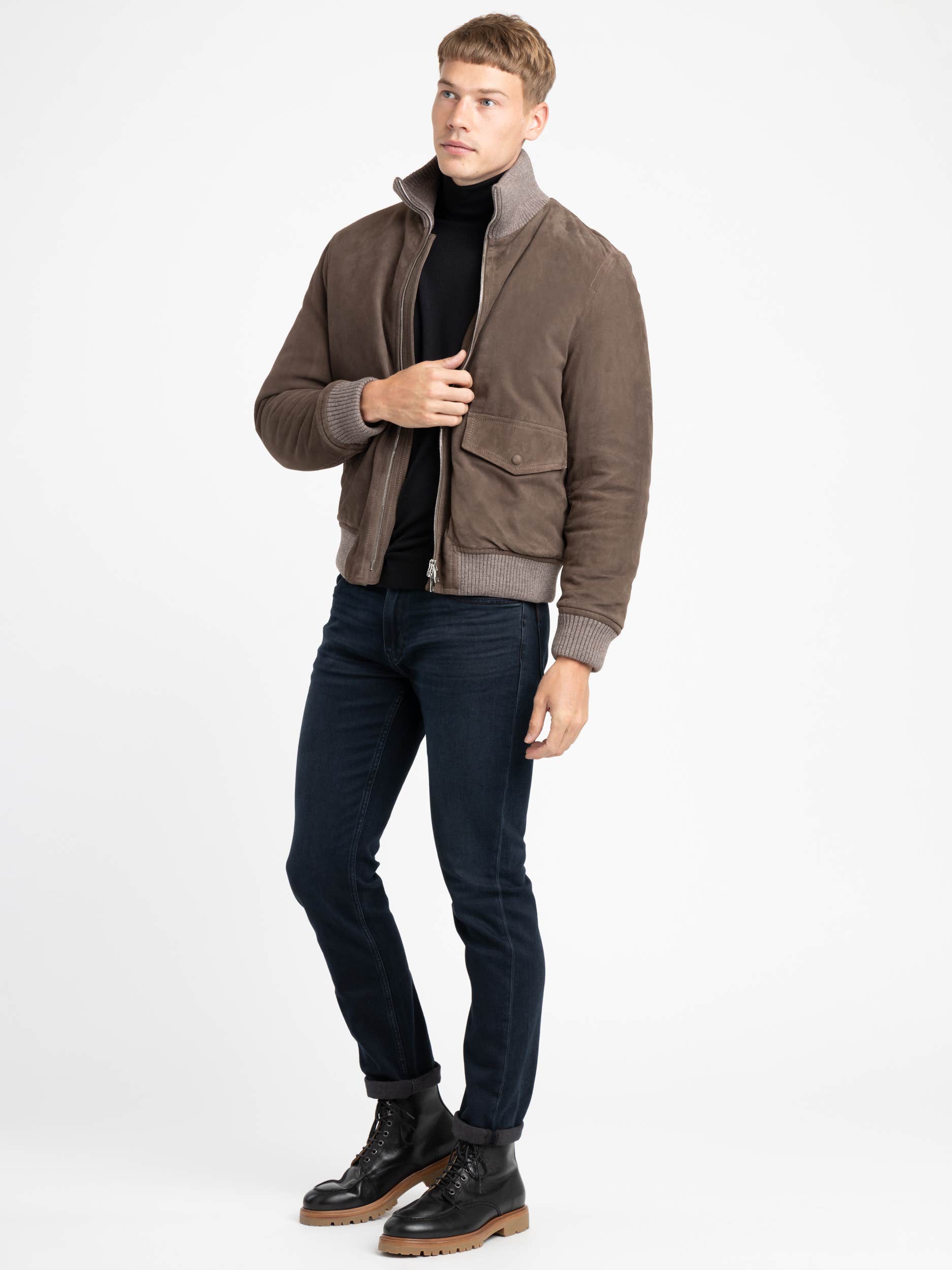 Suede Padded Zip Bomber Jacket with High Collar