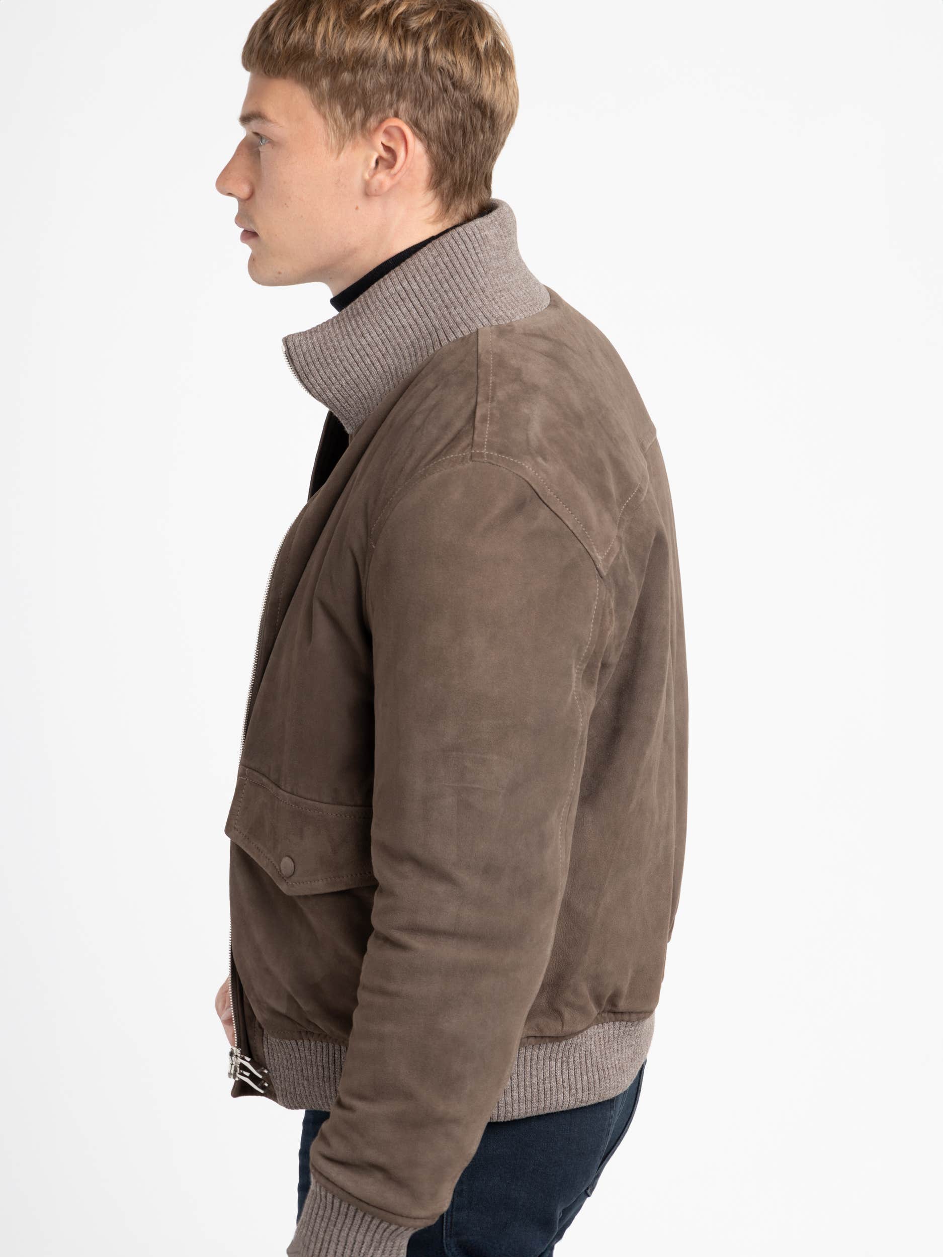 Suede Padded Zip Bomber Jacket with High Collar