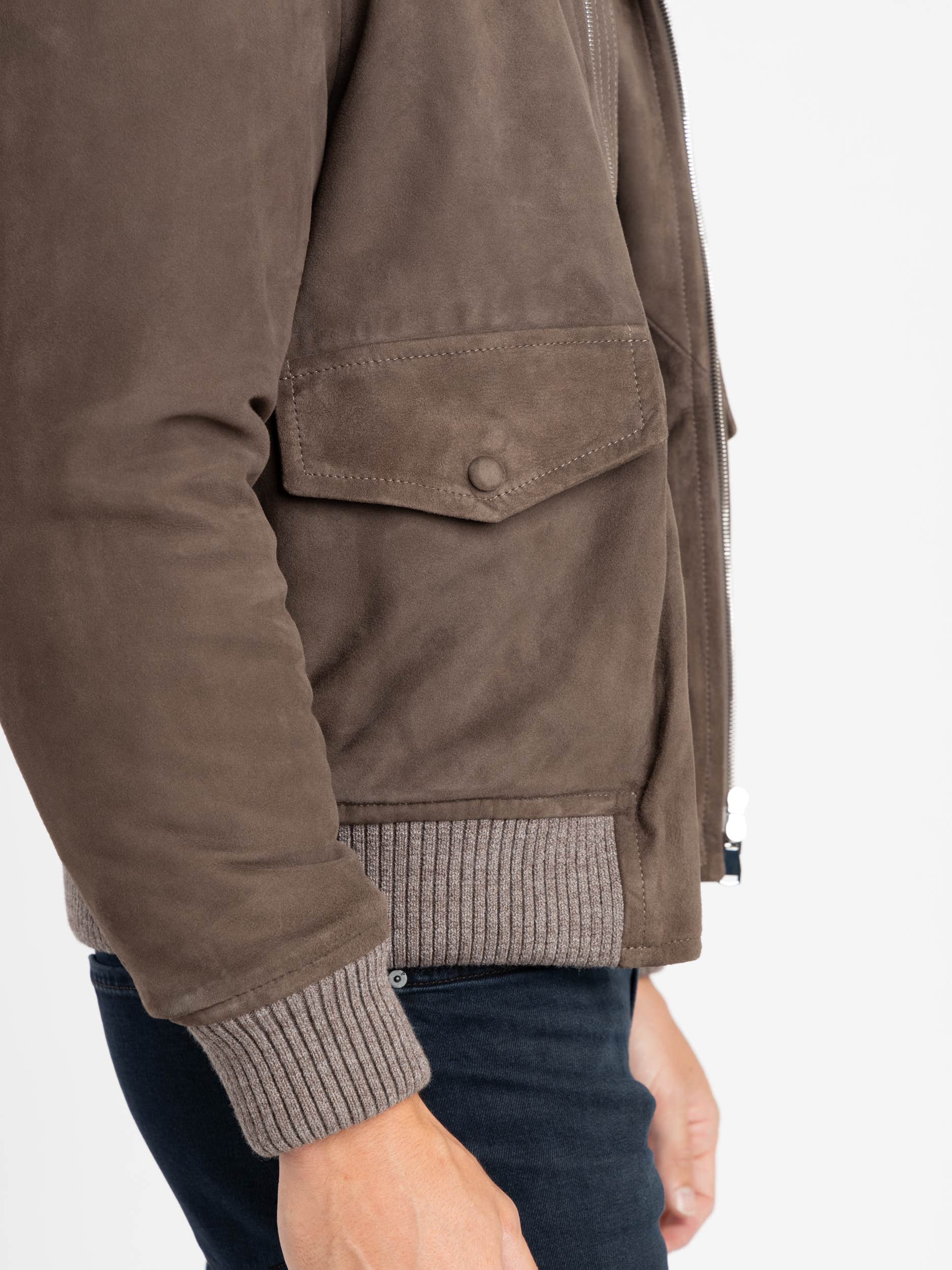 Suede Padded Zip Bomber Jacket with High Collar