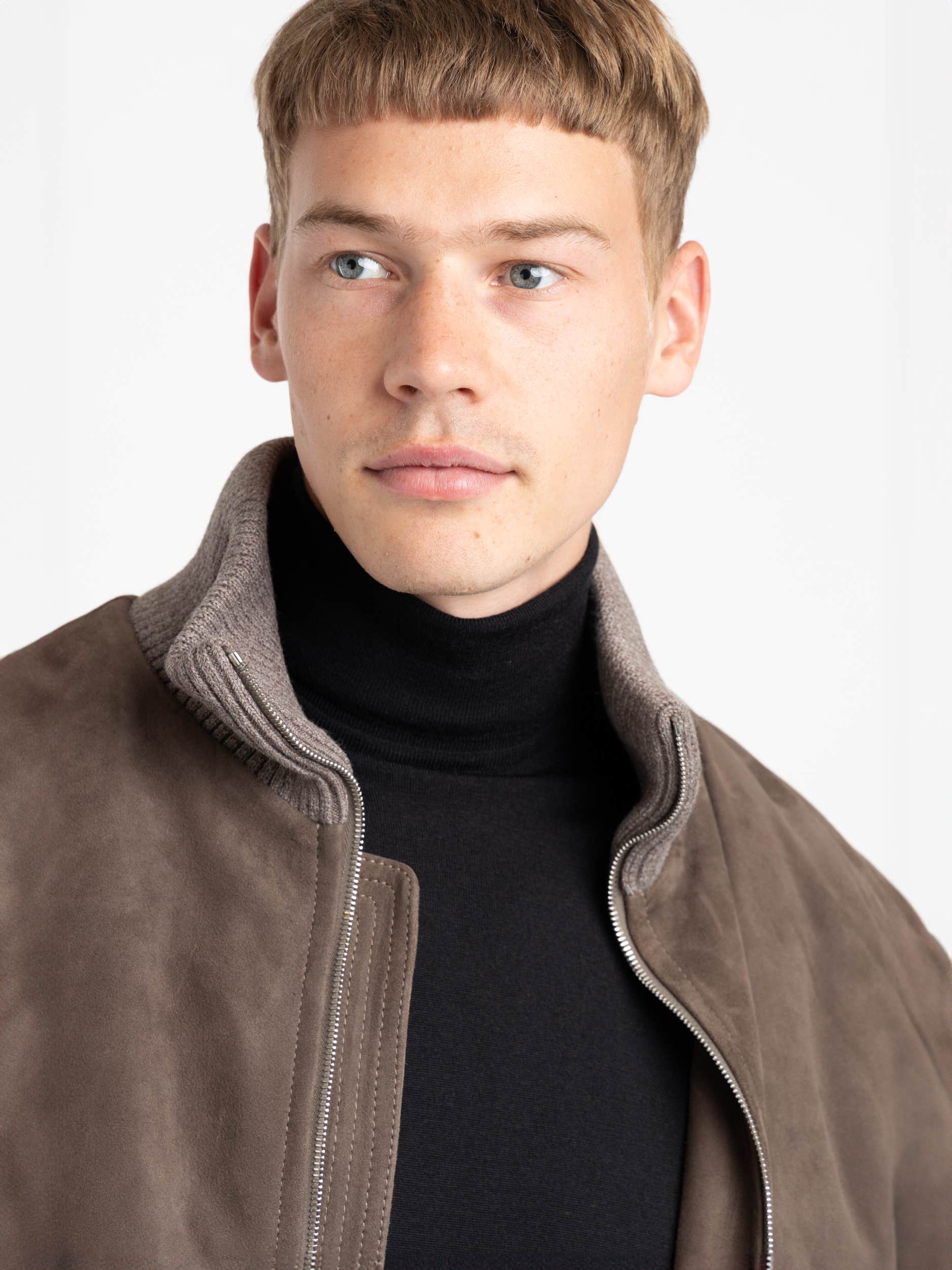 Suede Padded Zip Bomber Jacket with High Collar