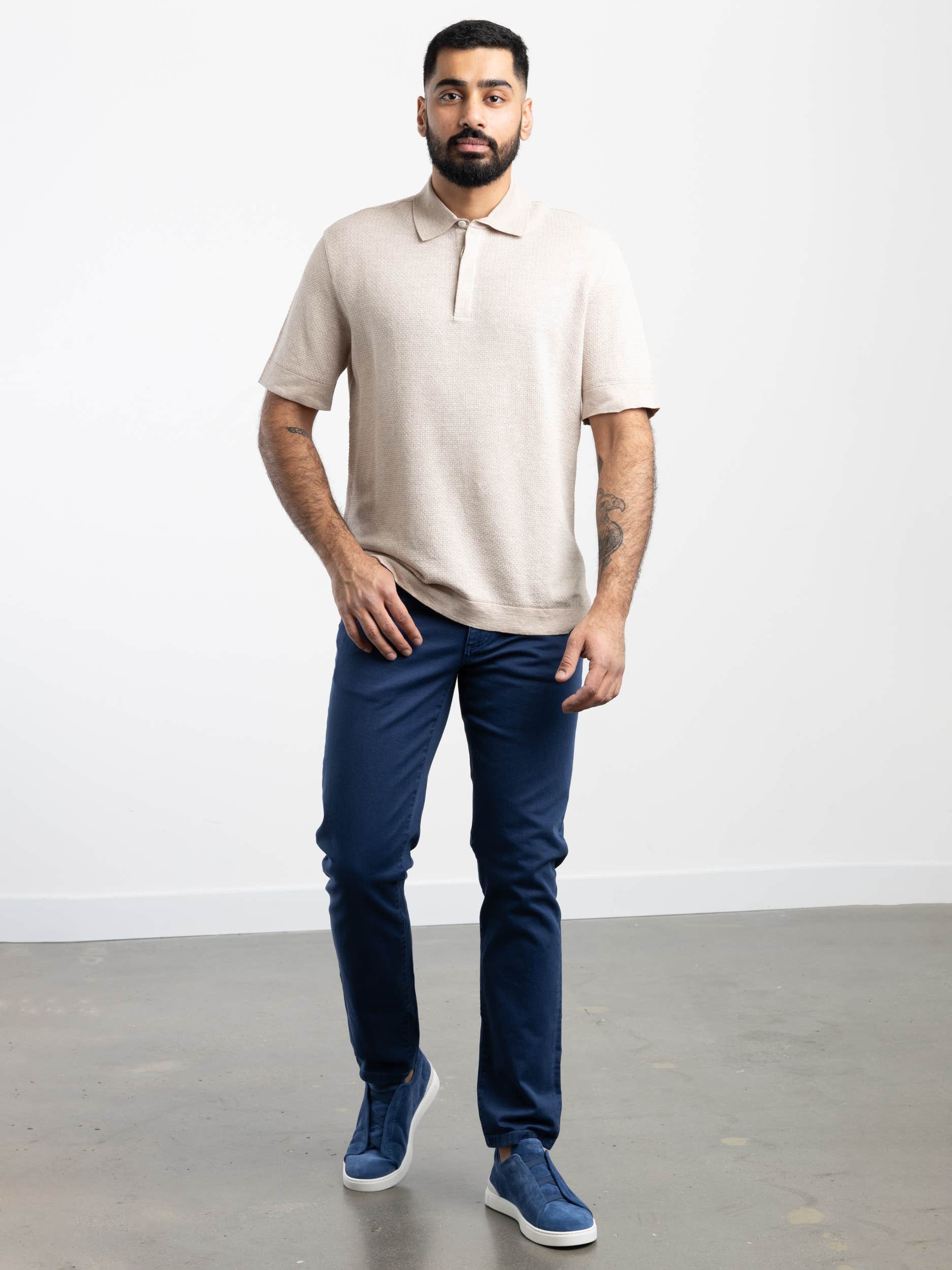 Beige Cotton-Linen-Silk Polo Shirt
