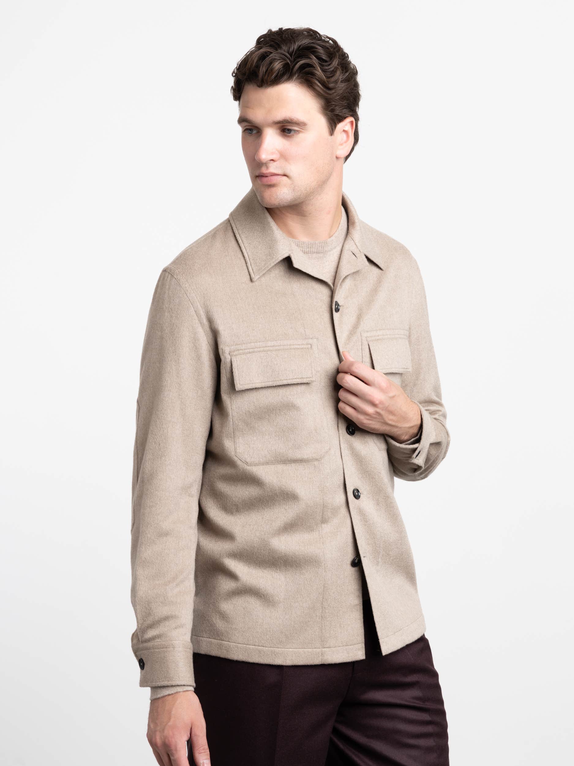 white man wearing ZEGNA Oasi Cashmere overshirt against a white background