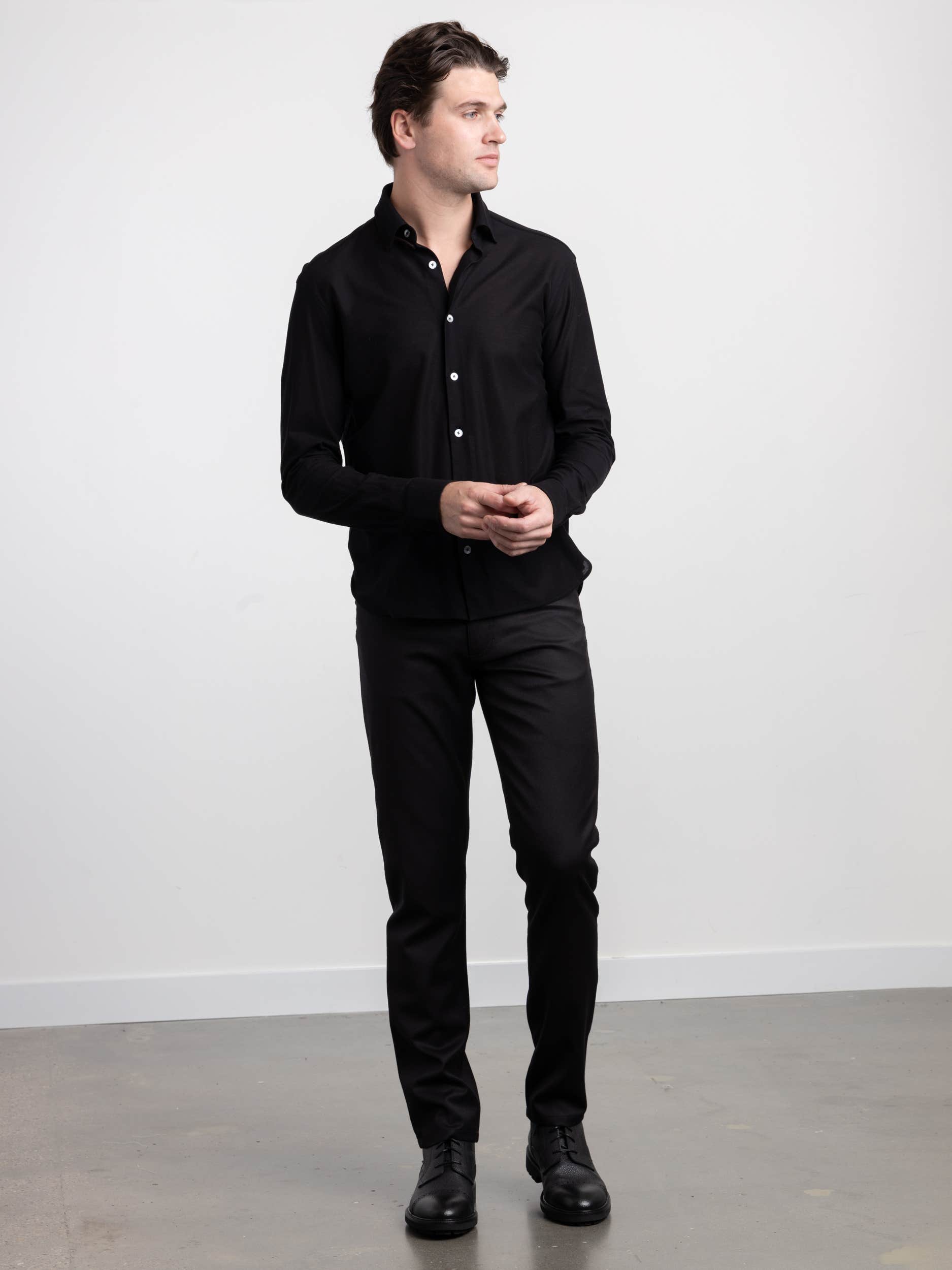 Black Stretch Pique Button-Down
