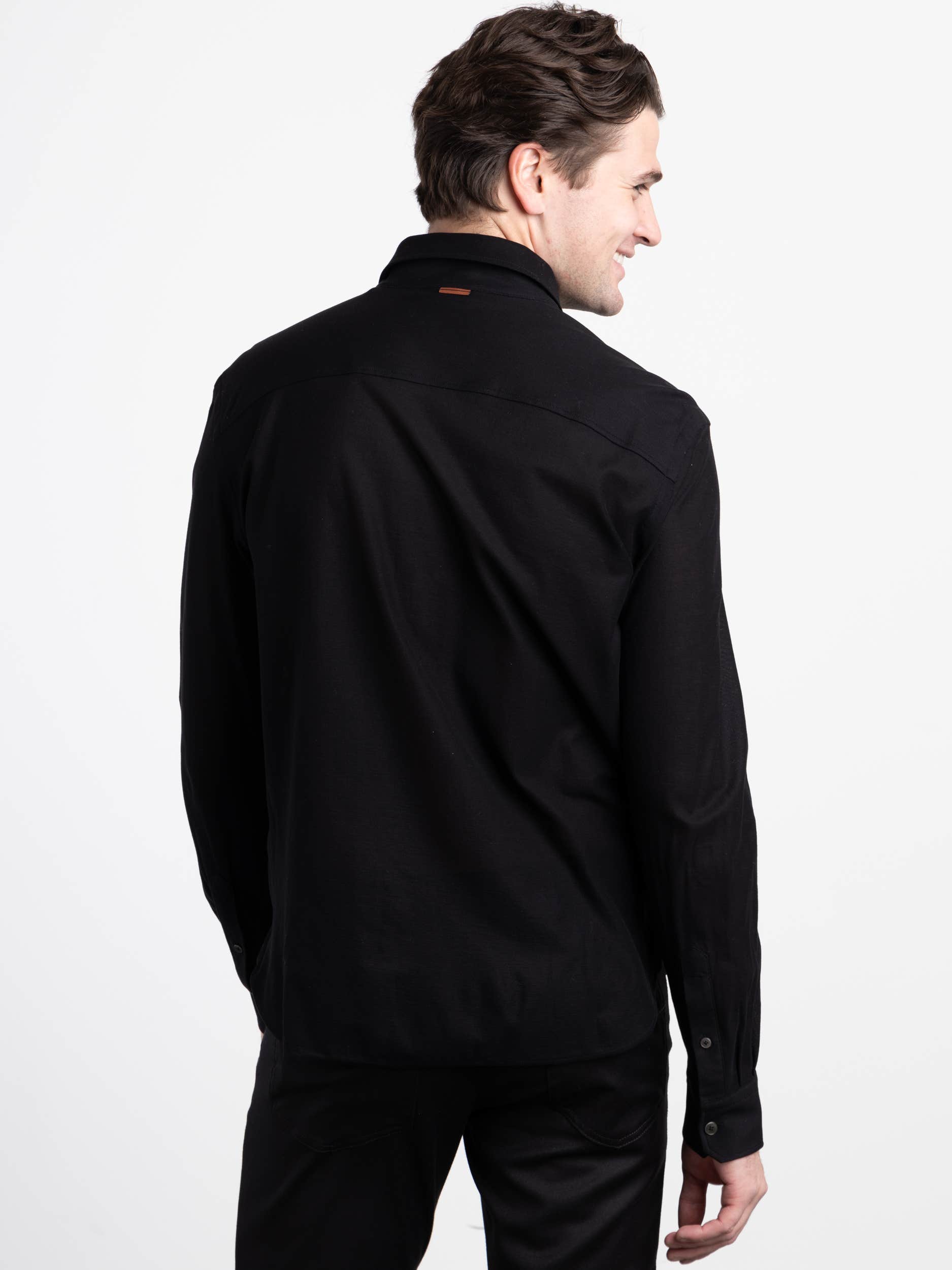 Black Stretch Pique Button-Down