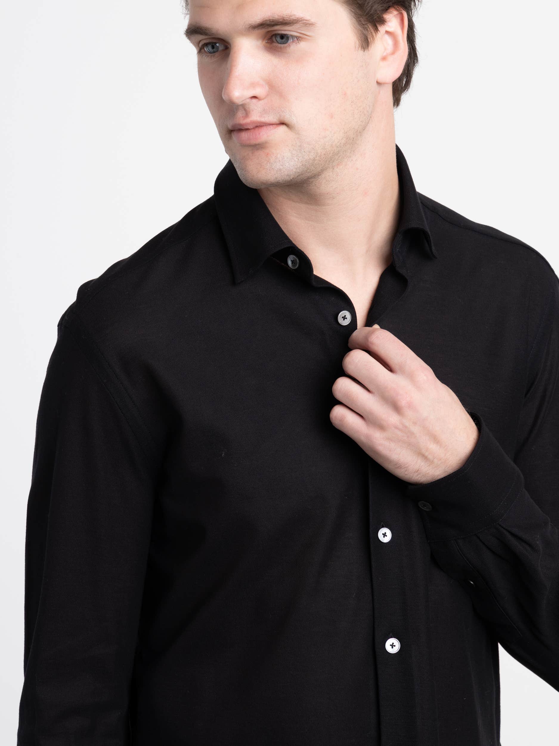 Black Stretch Pique Button-Down