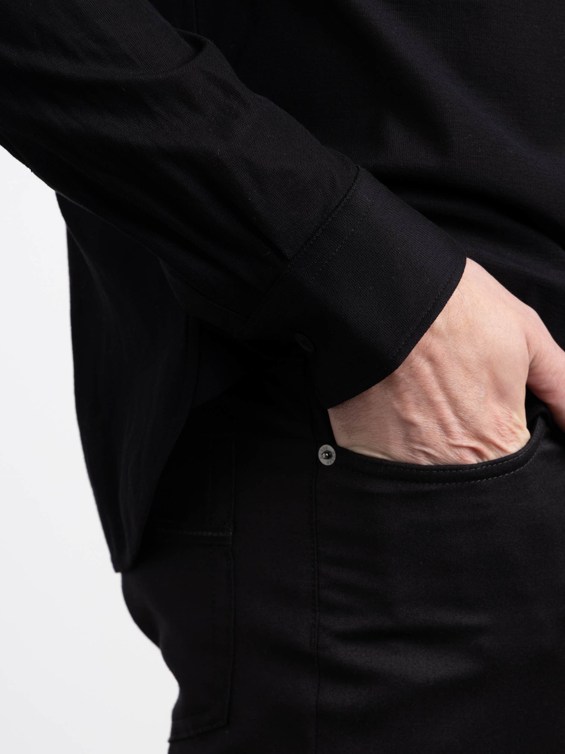 Black Stretch Pique Button-Down