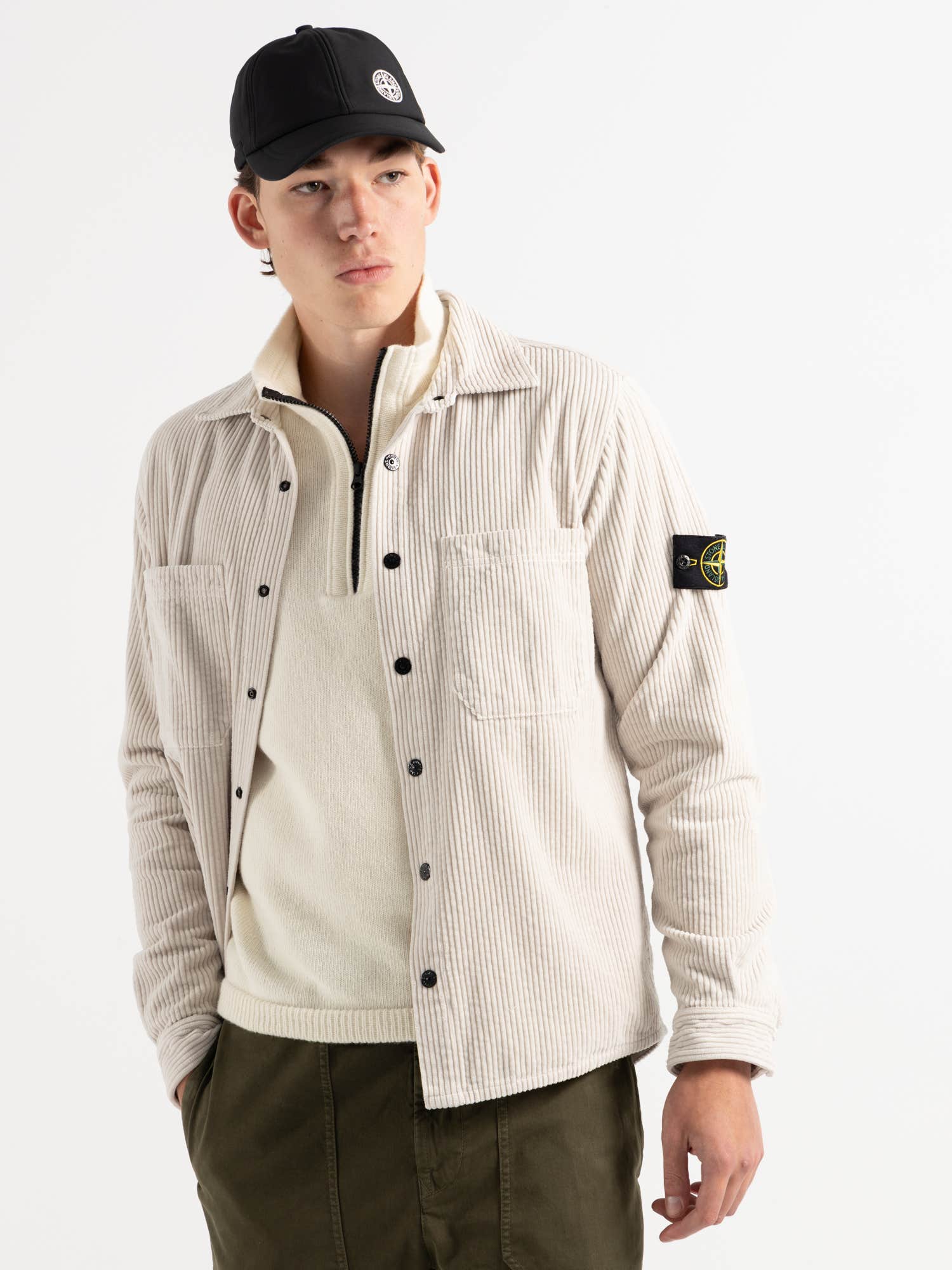 Garment-Dyed Cream Cotton Corduroy Overshirt