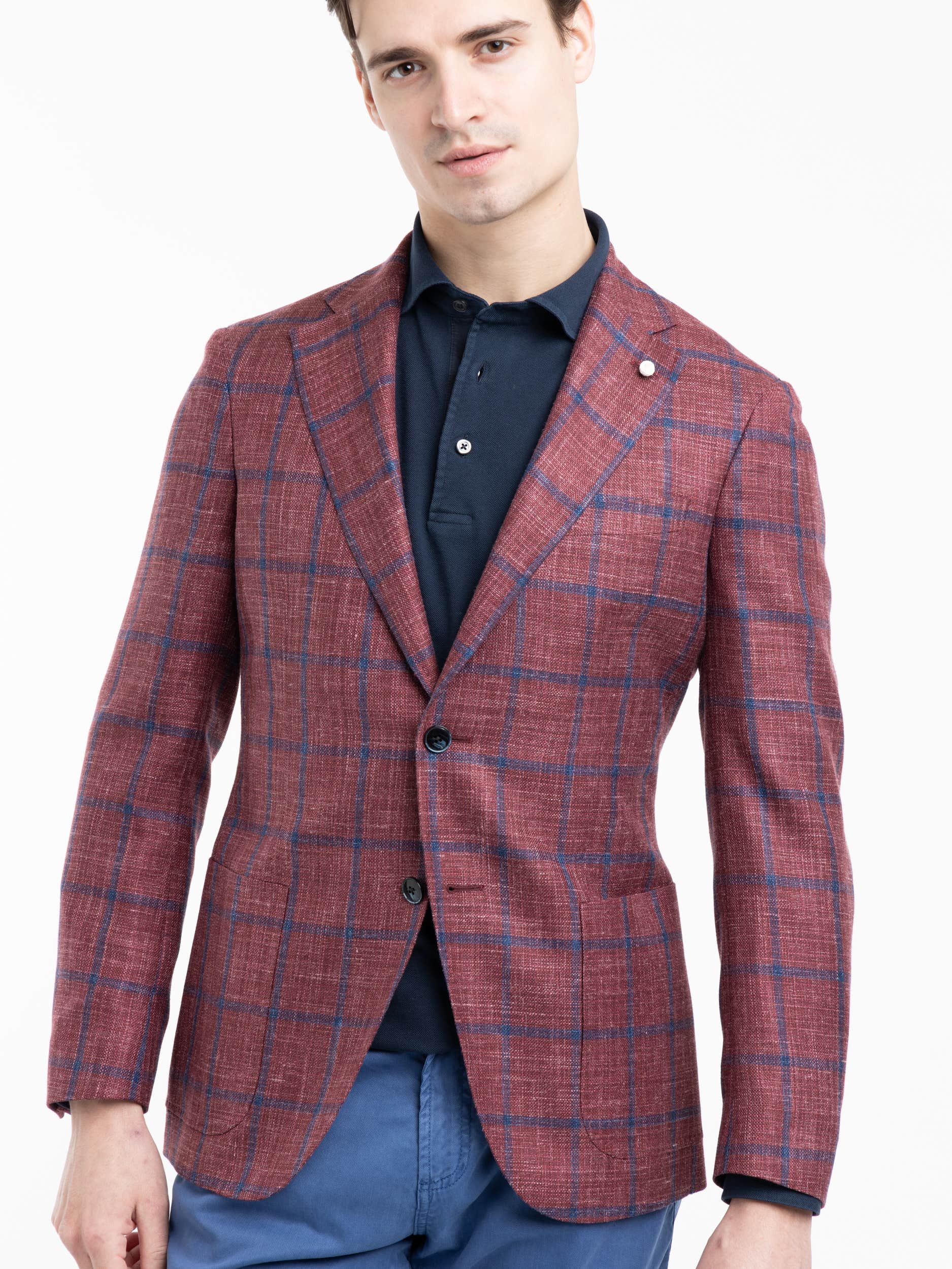 Red/Navy Check Wool-Silk Sport Jacket