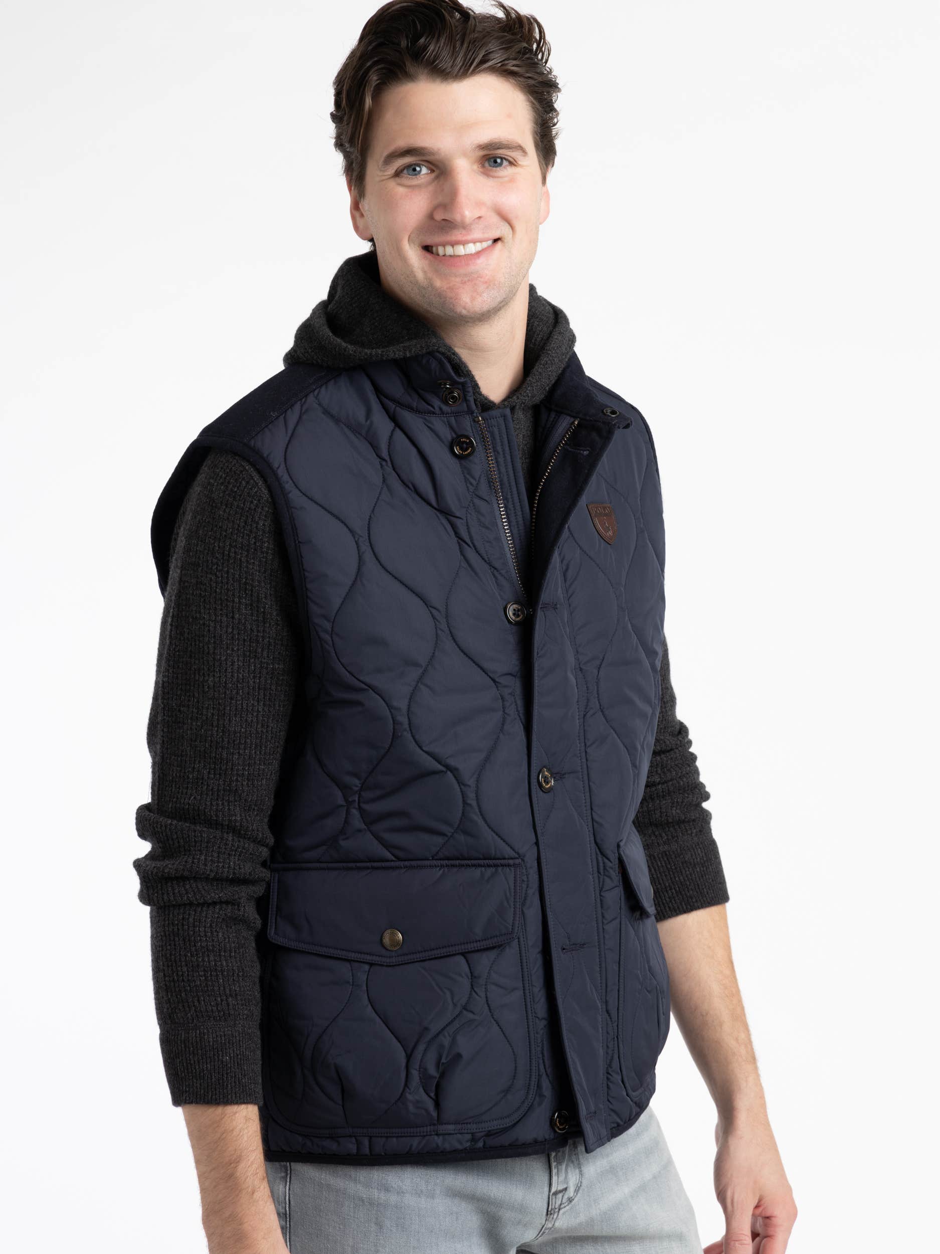 Navy Suede-Trim Quilted Vest