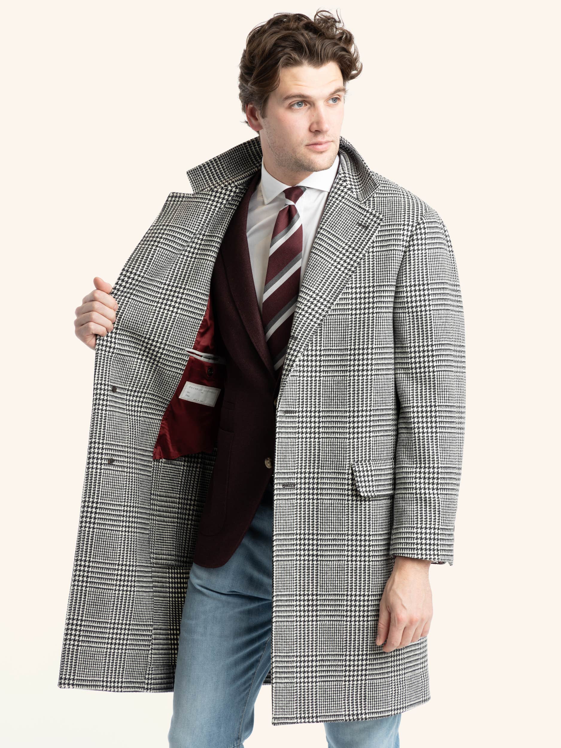 Grey Long-Sleeved Double-Breasted Checked Coat