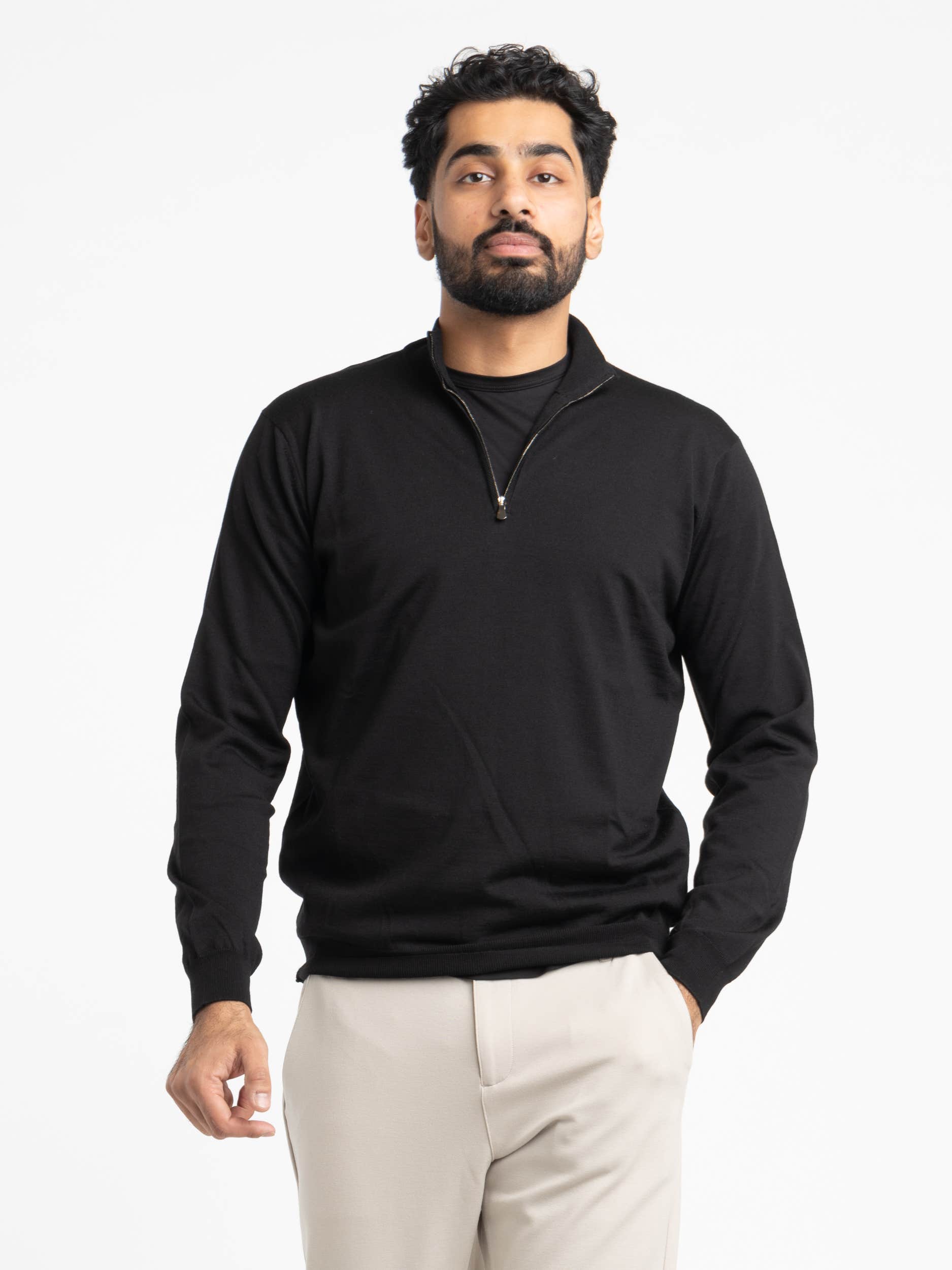 Black Lightweight Wool Quarterzip Sweater