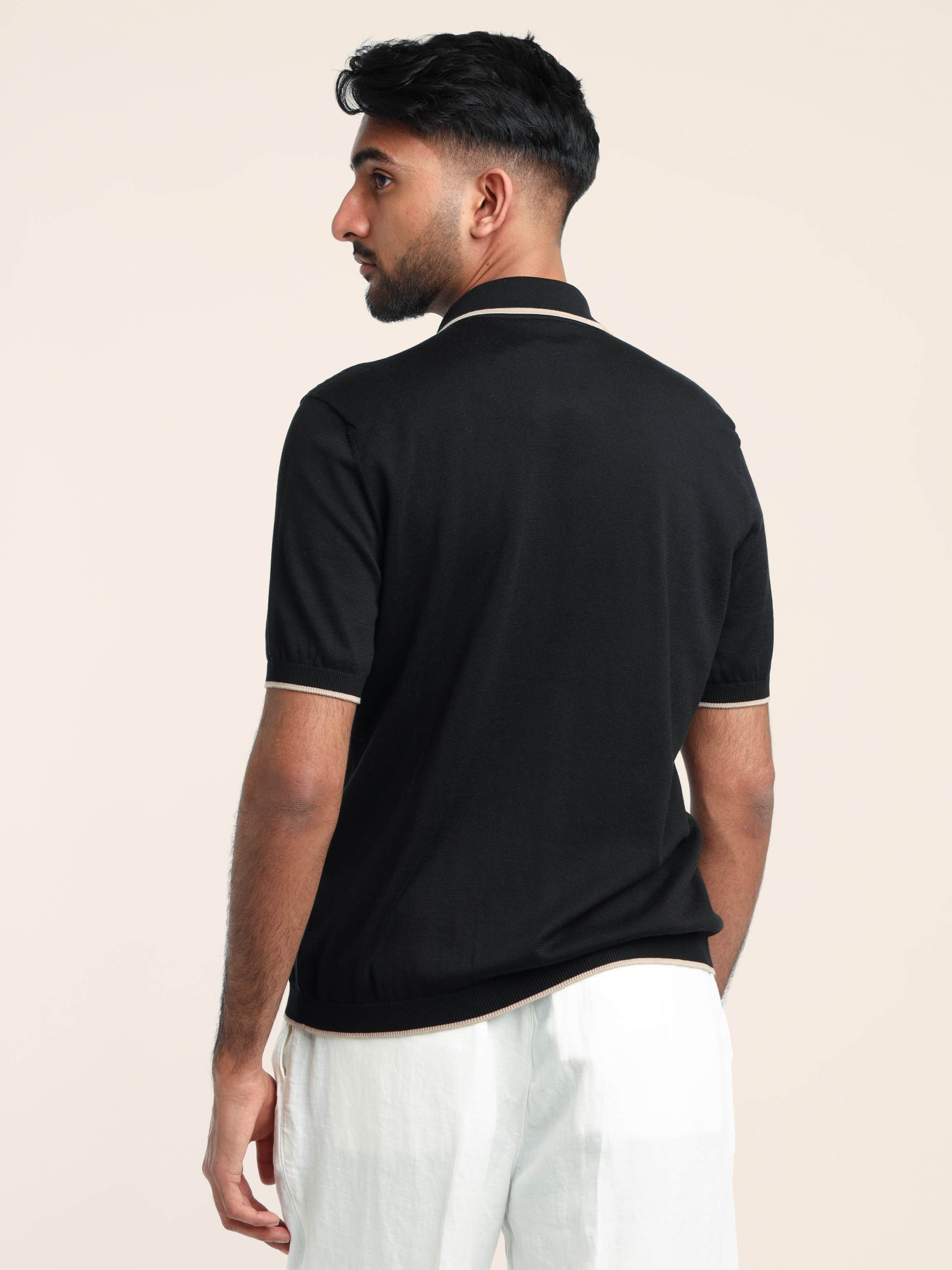 Black Cotton Jacquard Rib Short Sleeve Knit Shirt