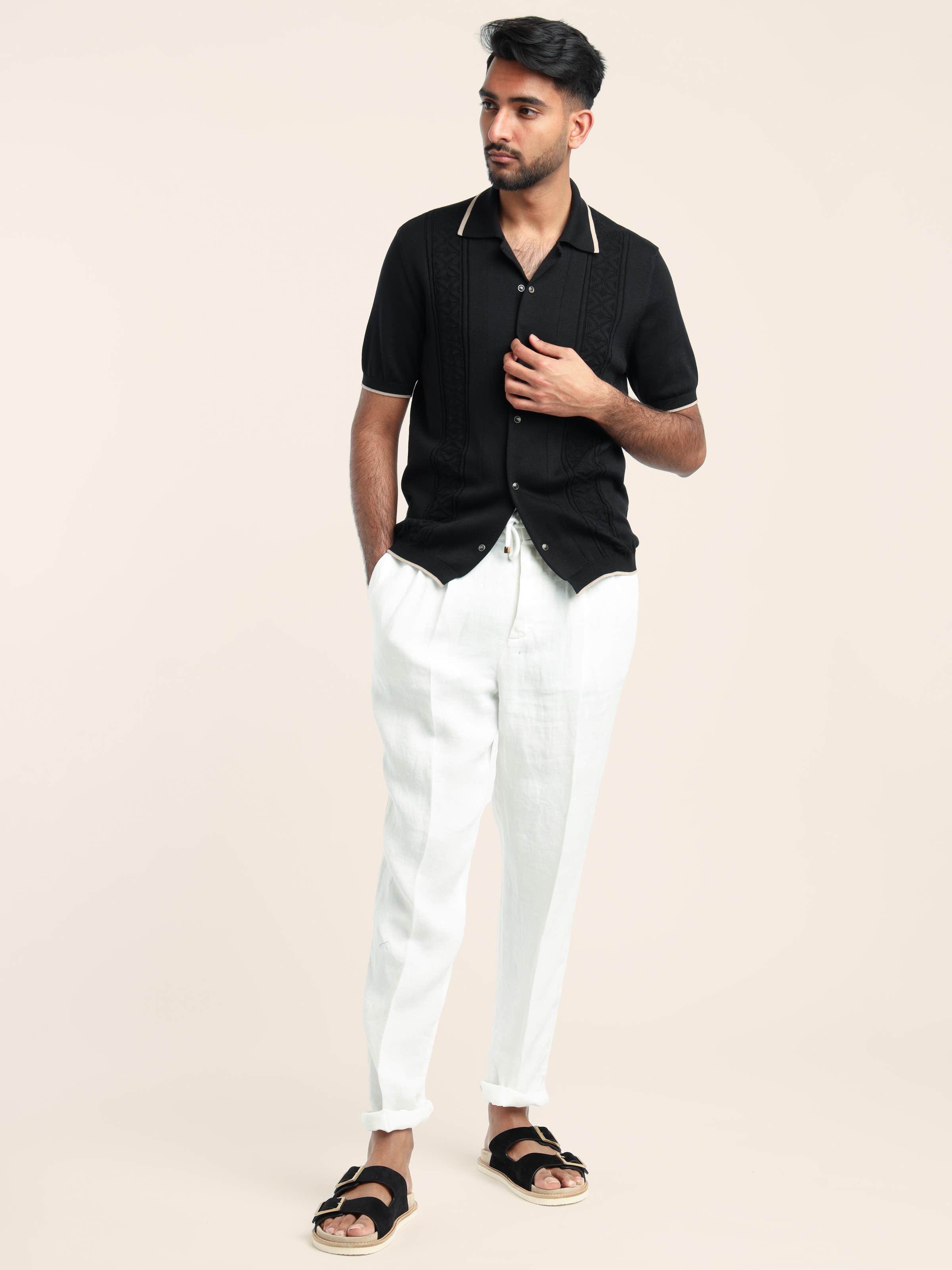 Black Cotton Jacquard Rib Short Sleeve Knit Shirt