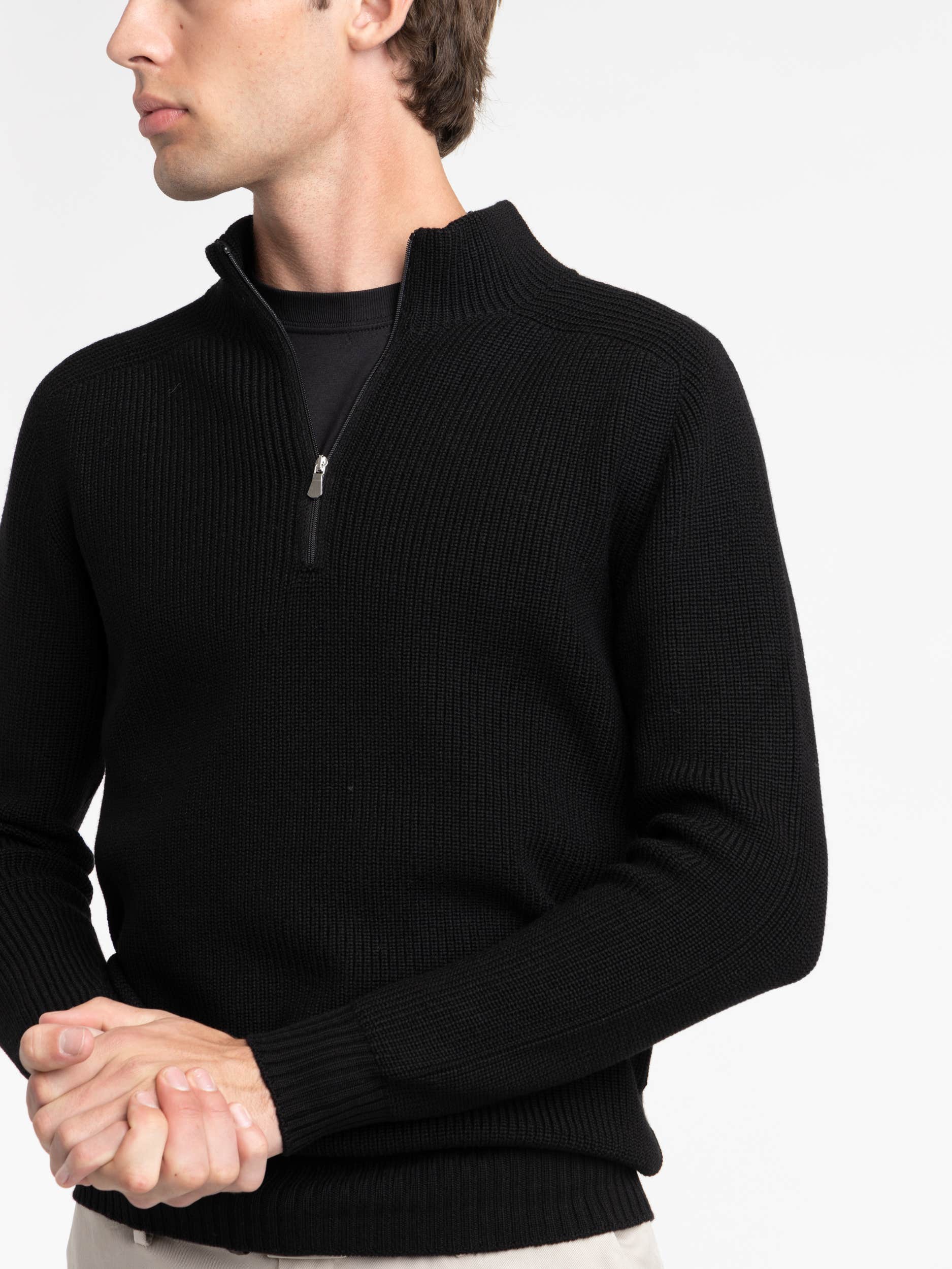 Black Ribbed Quarter Zip Sweater