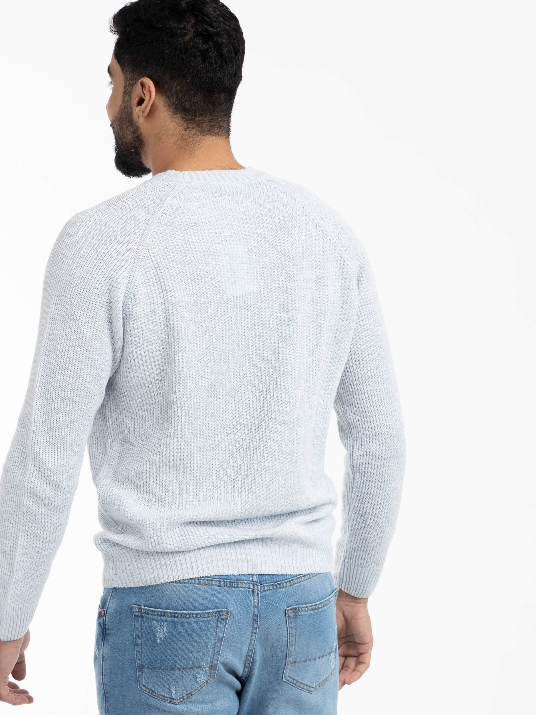 Light Blue Ribbed Flax-Cotton Crewneck Sweater