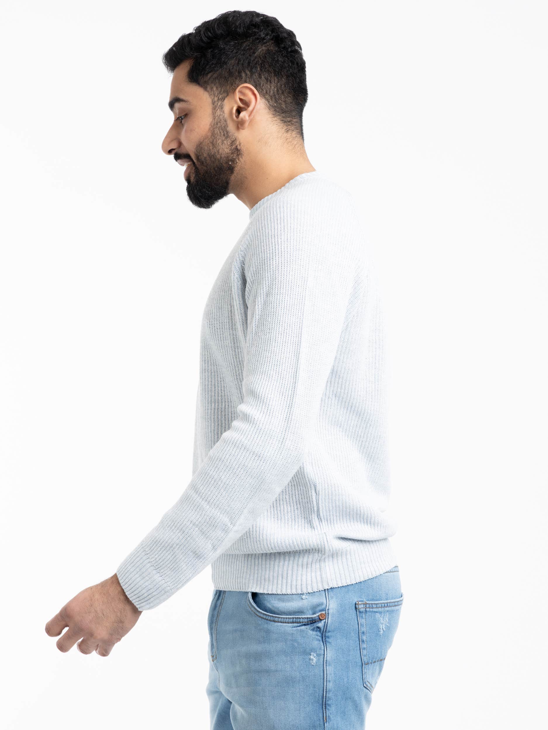 Light Blue Ribbed Flax-Cotton Crewneck Sweater