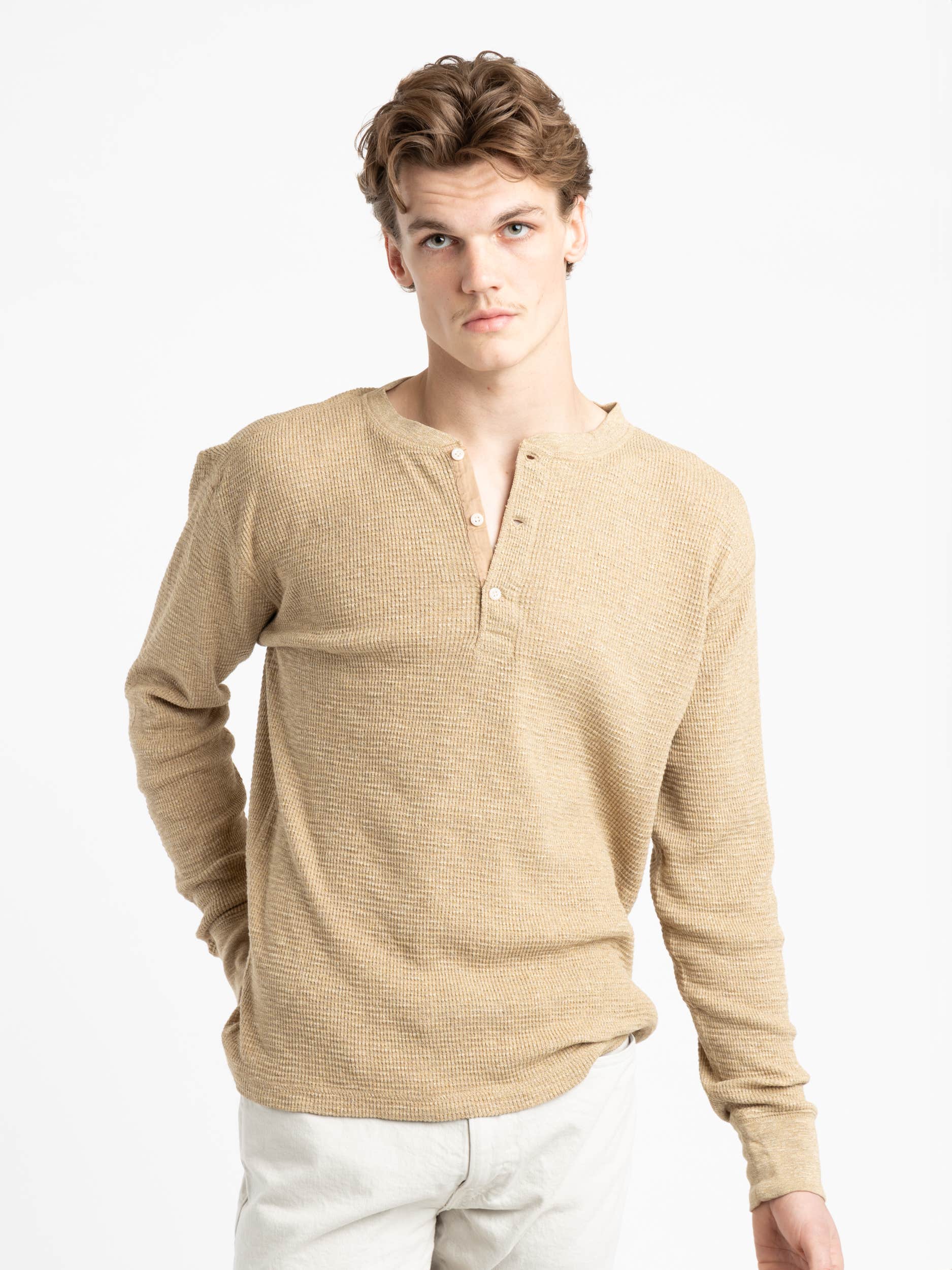 Light Brown Waffle-Knit Henley Shirt