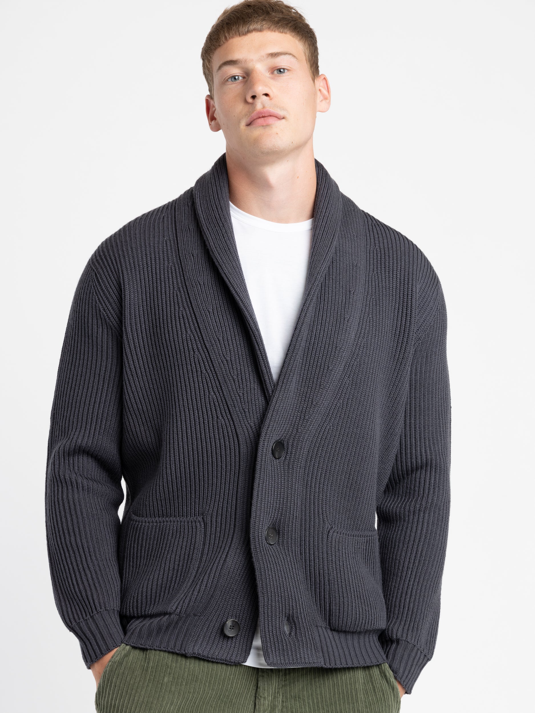 Dark Grey Fisherman Ribbed Shawl Cardigan The Helm Clothing