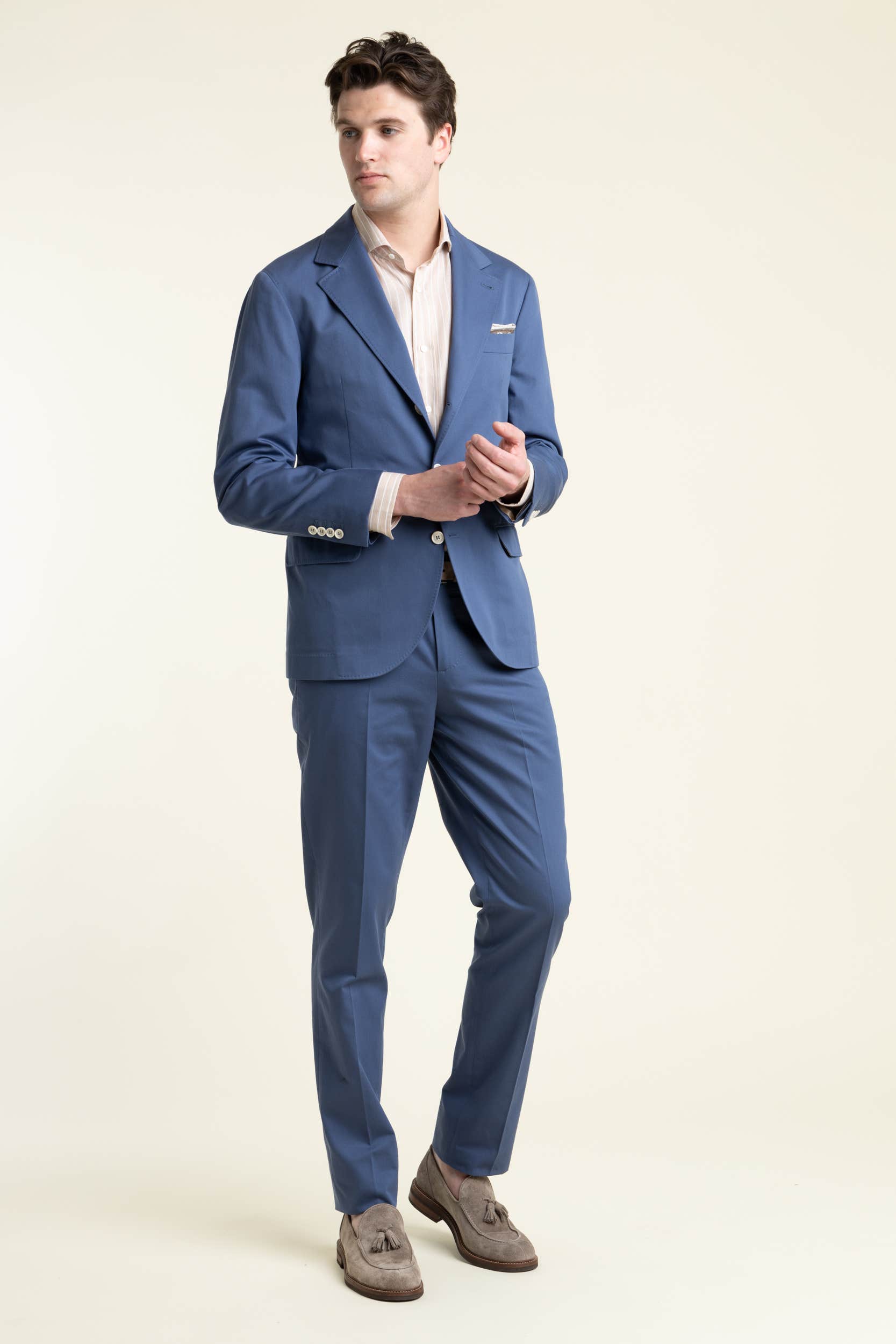 Blue Solid Cotton Suit