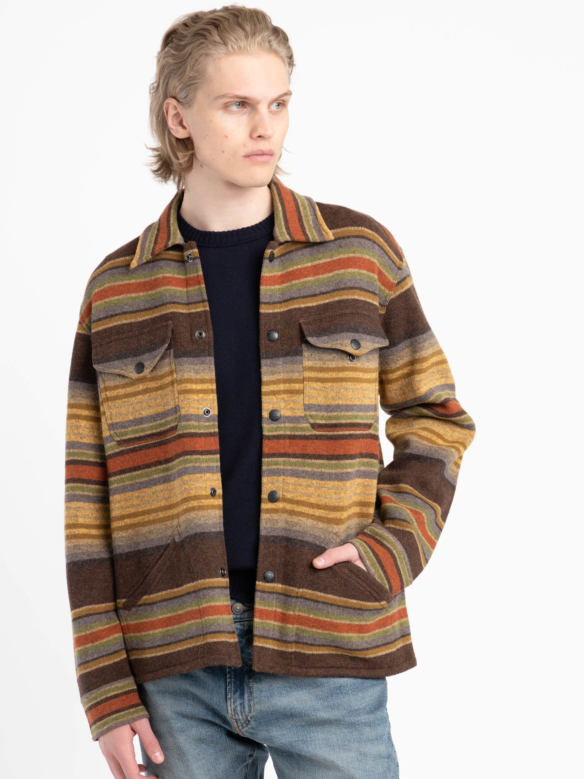 Brown Striped Wool Workwear Overshirt