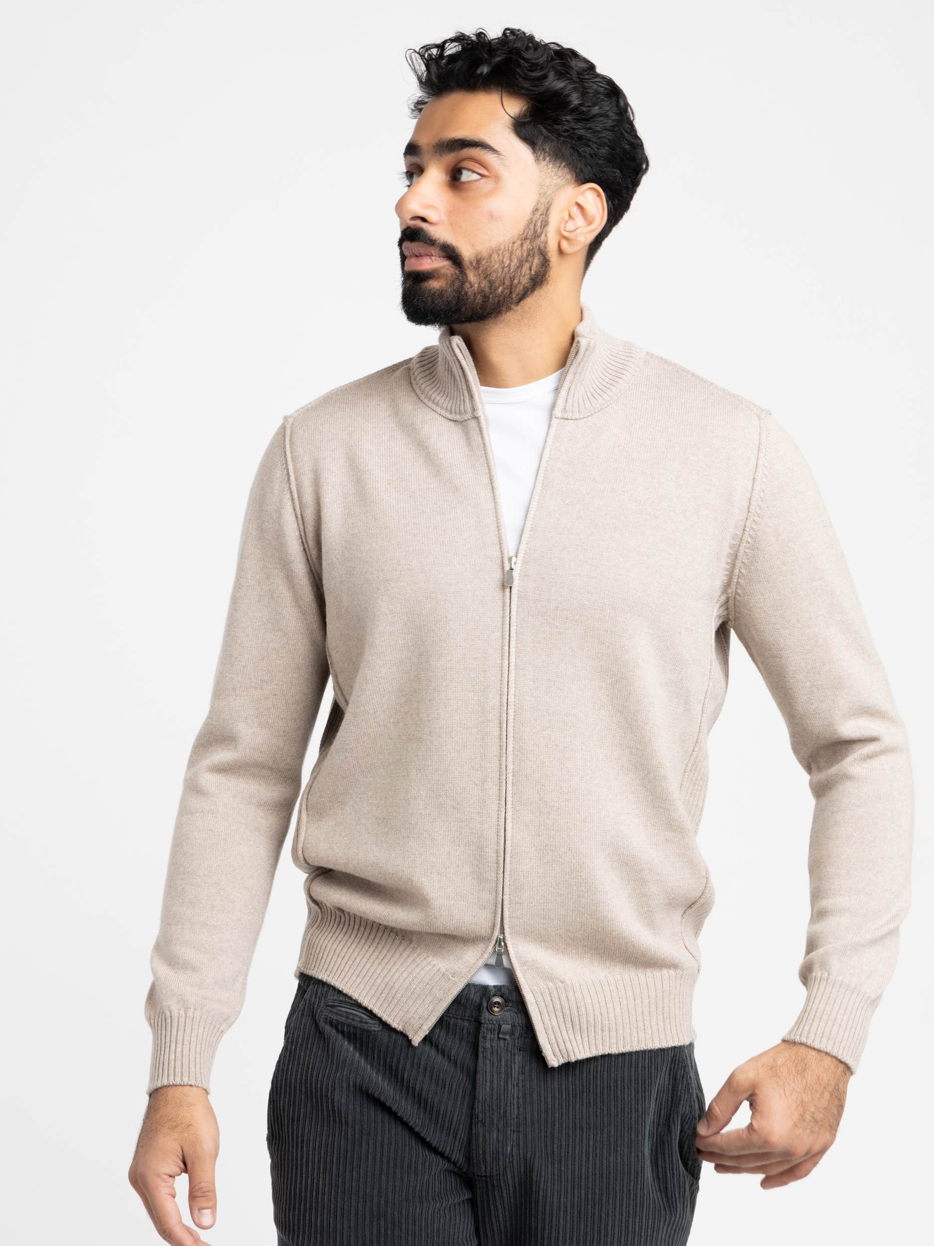 Light Brown Extra Fine Merino Wool Zip Sweater