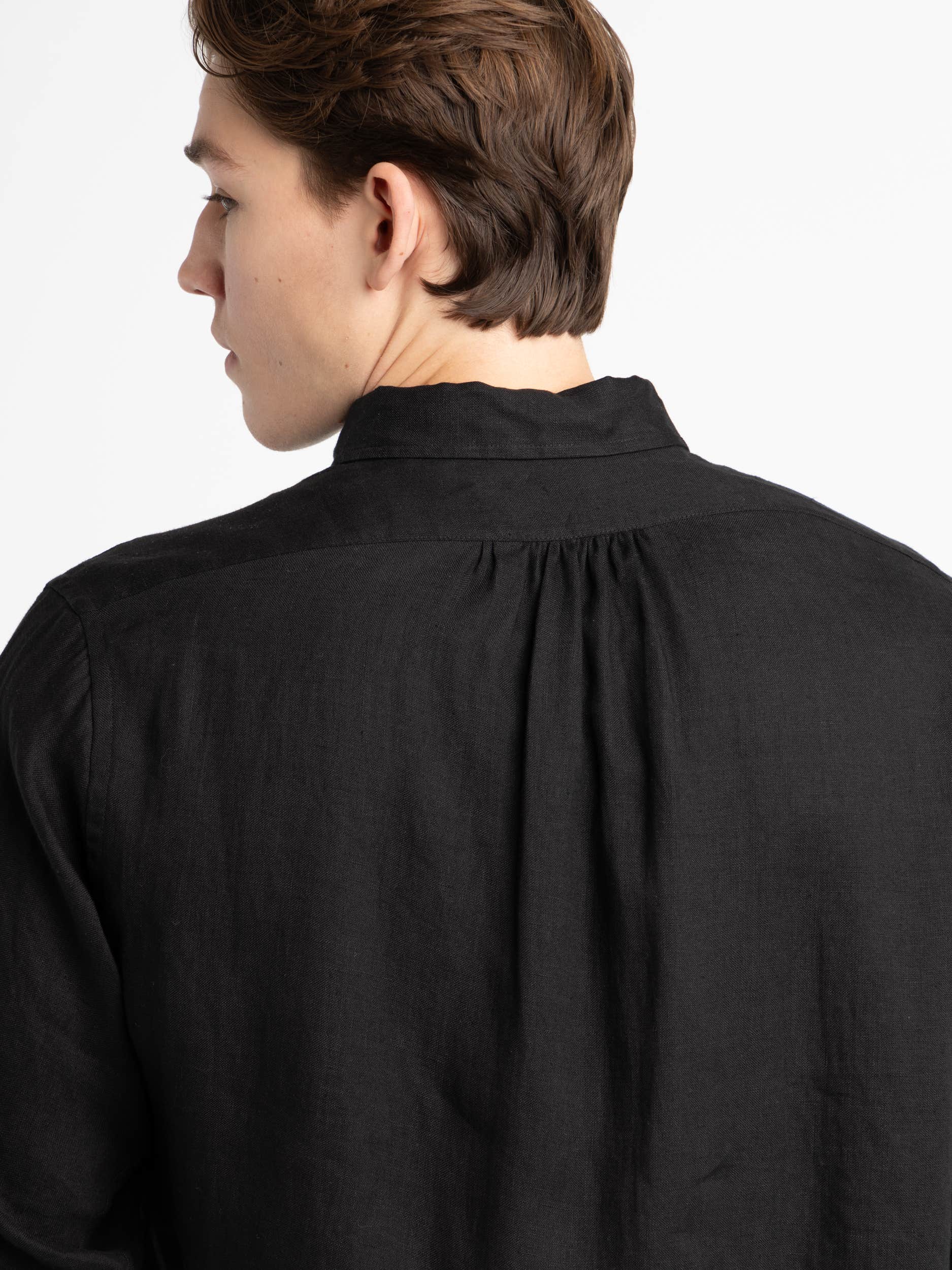 Black Textured Linen Popover Shirt