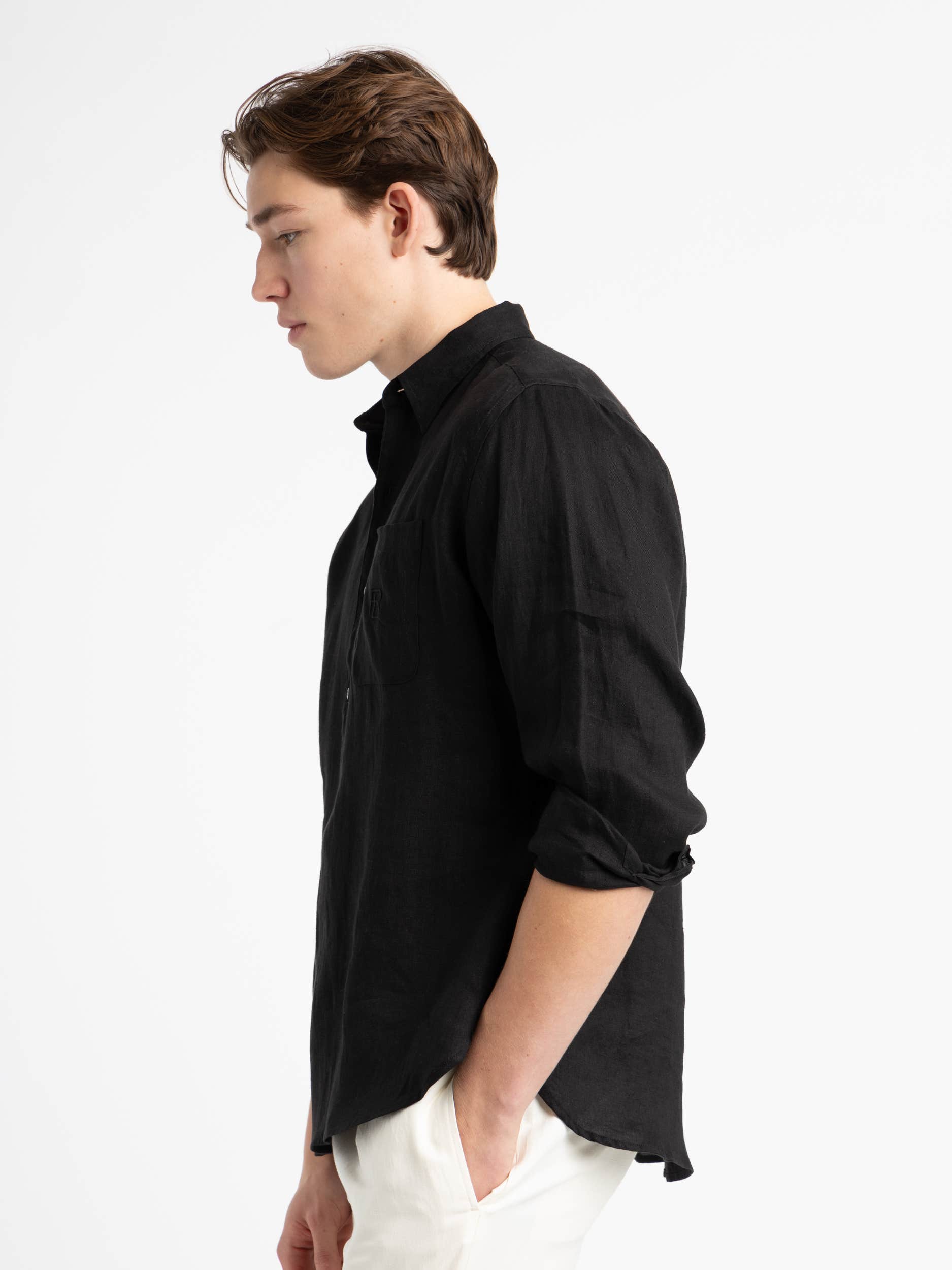 Black Textured Linen Popover Shirt