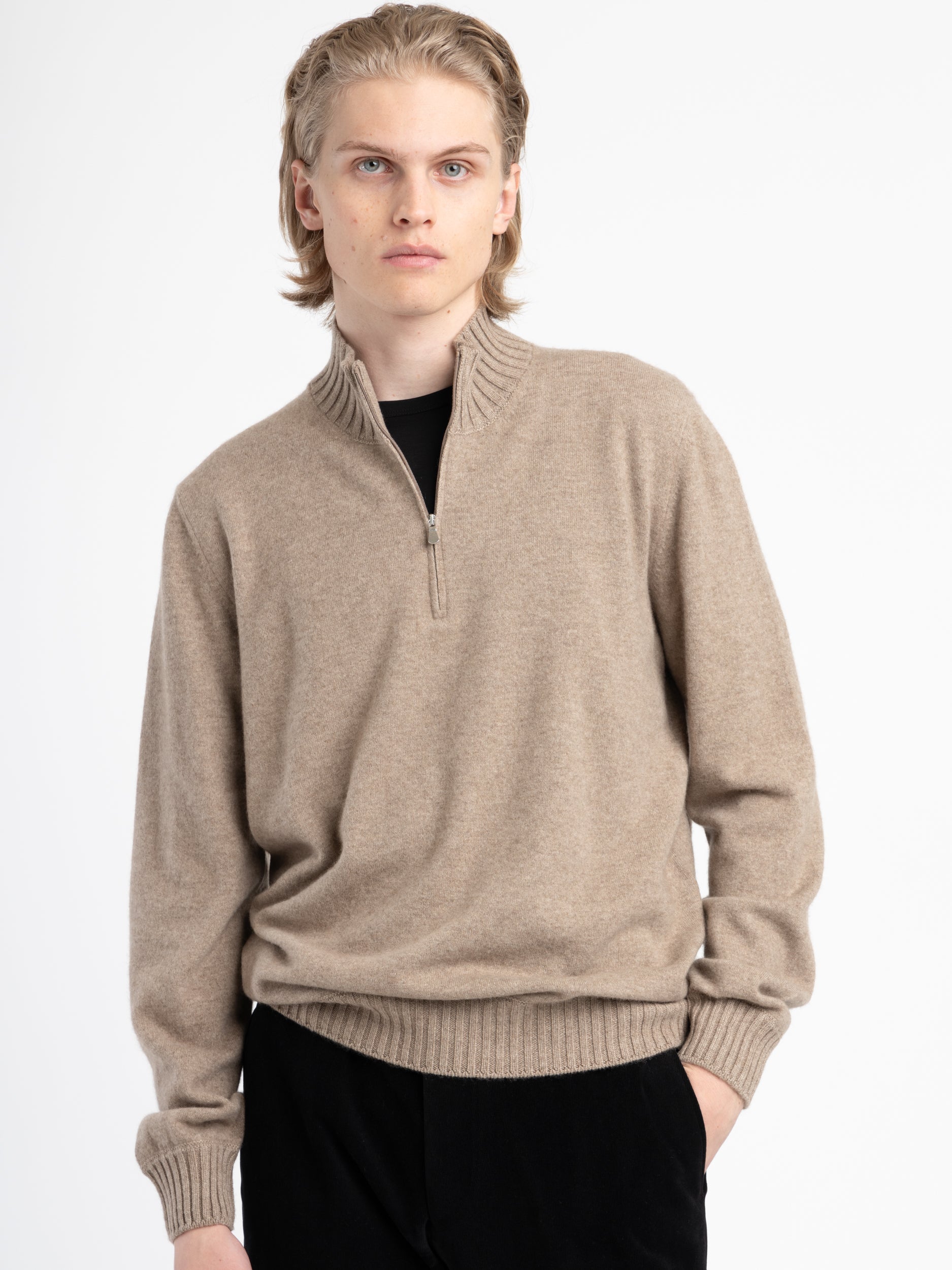 Beige Half Zip Felted Cashmere Crewneck The Helm Clothing