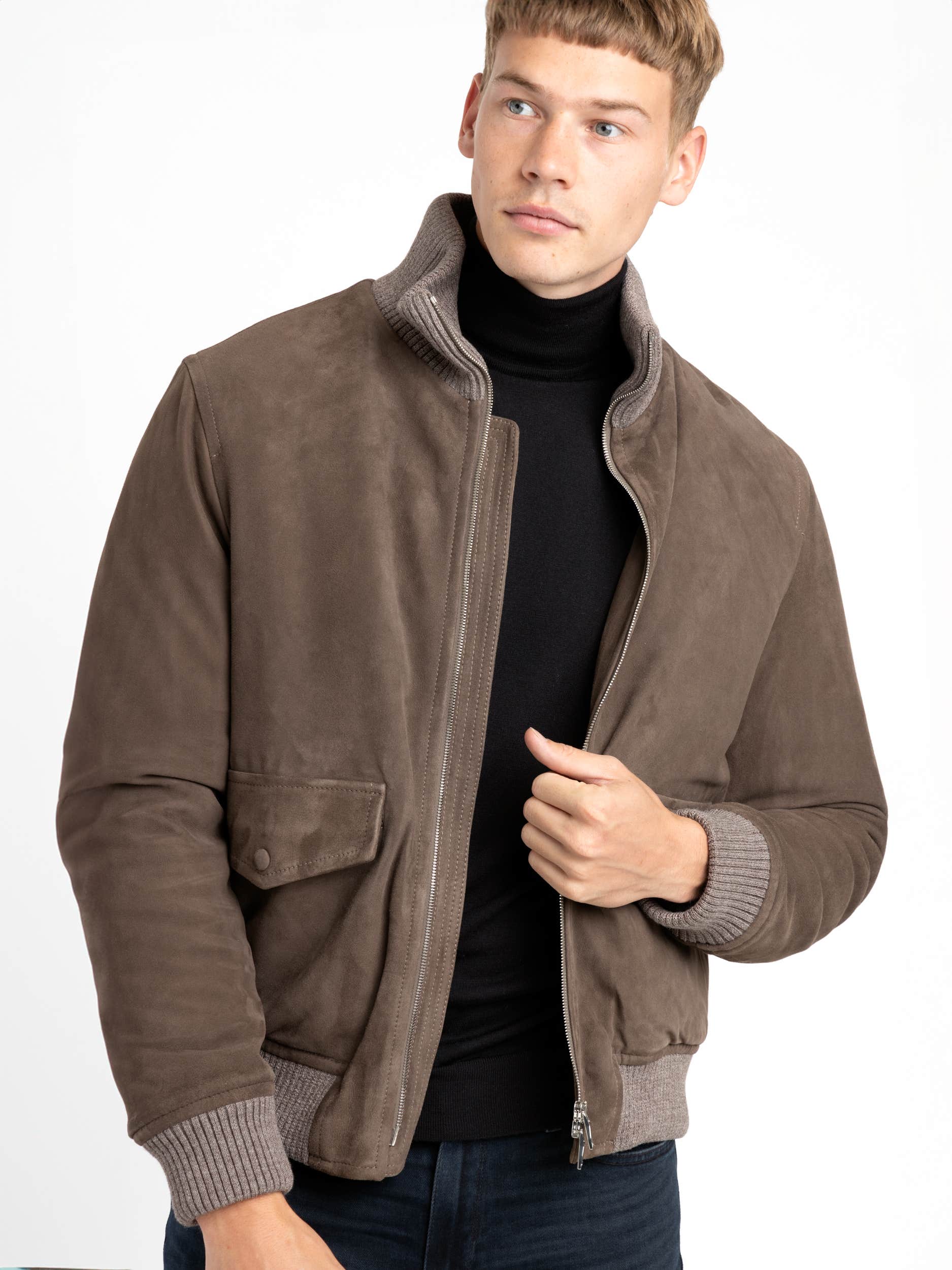 Suede Padded Zip Bomber Jacket with High Collar