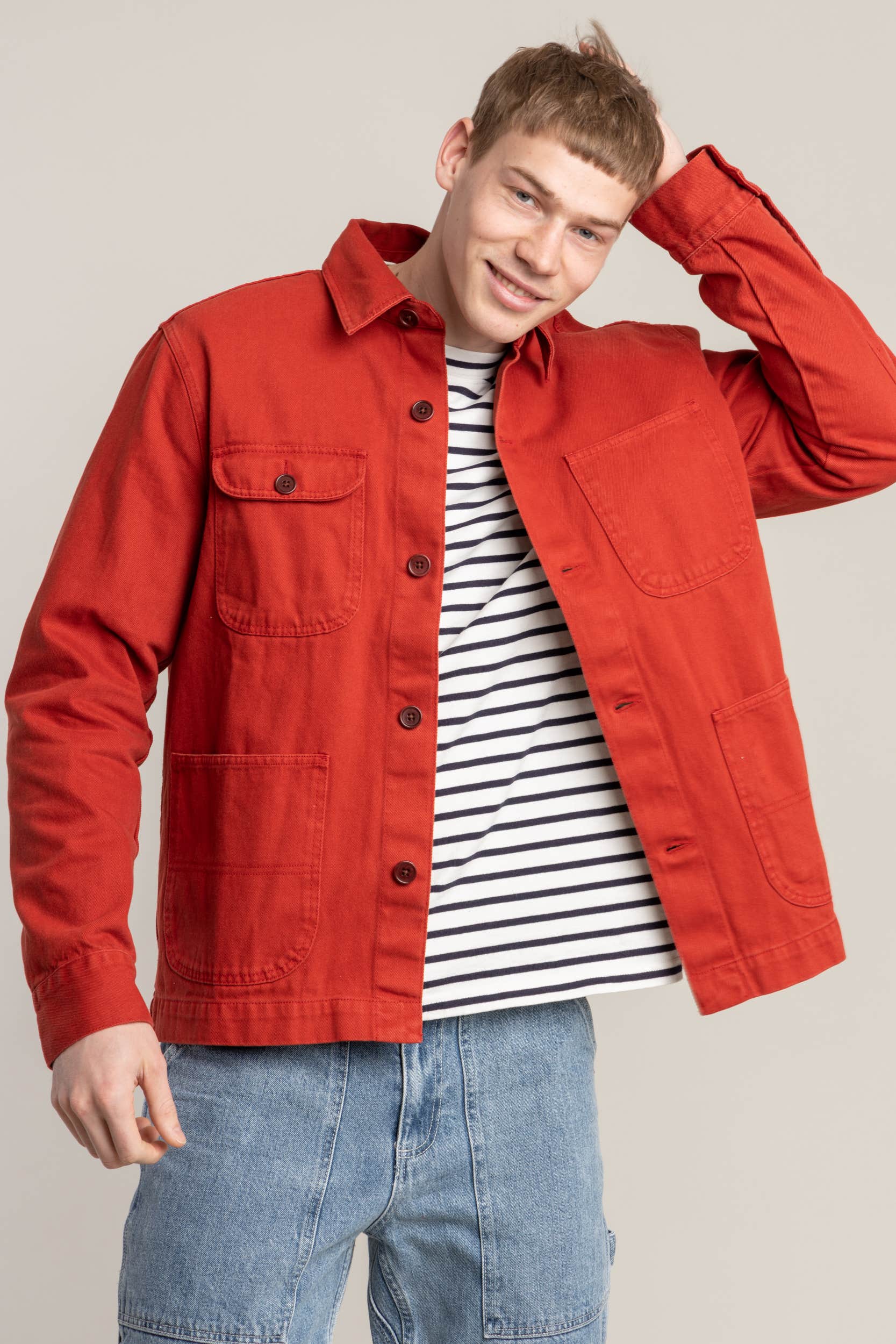 Red Garment-Dyed Work Jacket in Recycled Denim