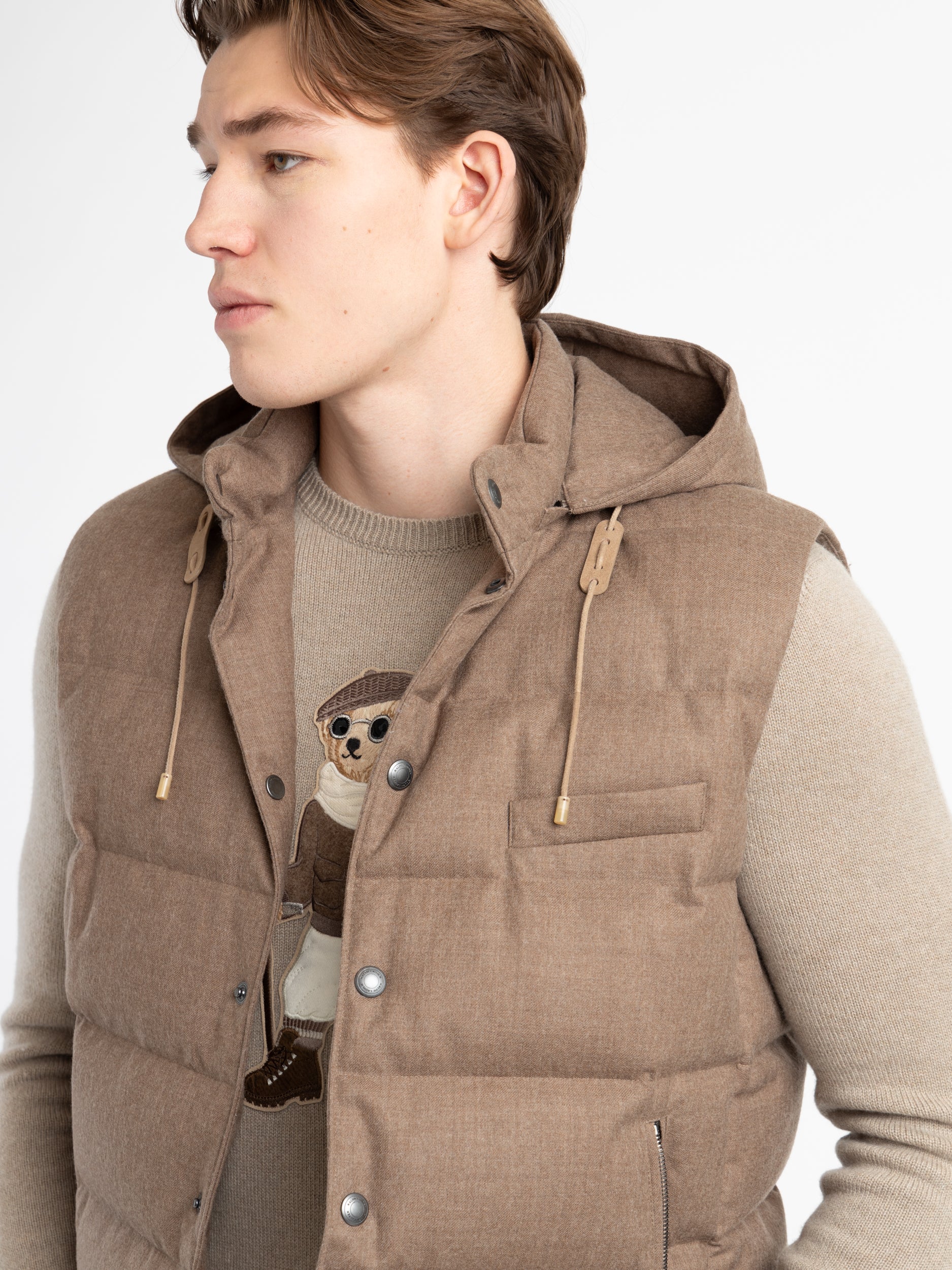 Taupe Joel Wool Flannel Hooded Down Vest – The Helm Clothing